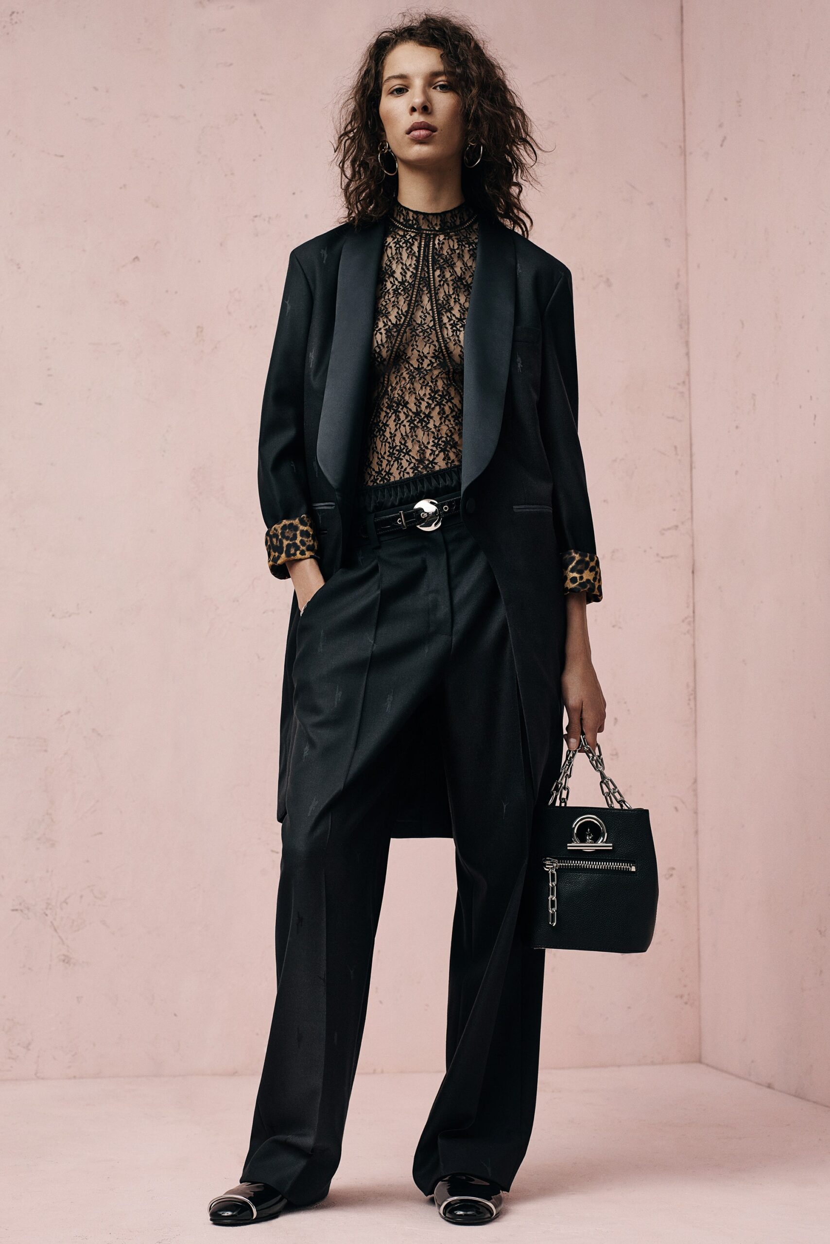 black lace long-sleeve high-neck fitted sheer top