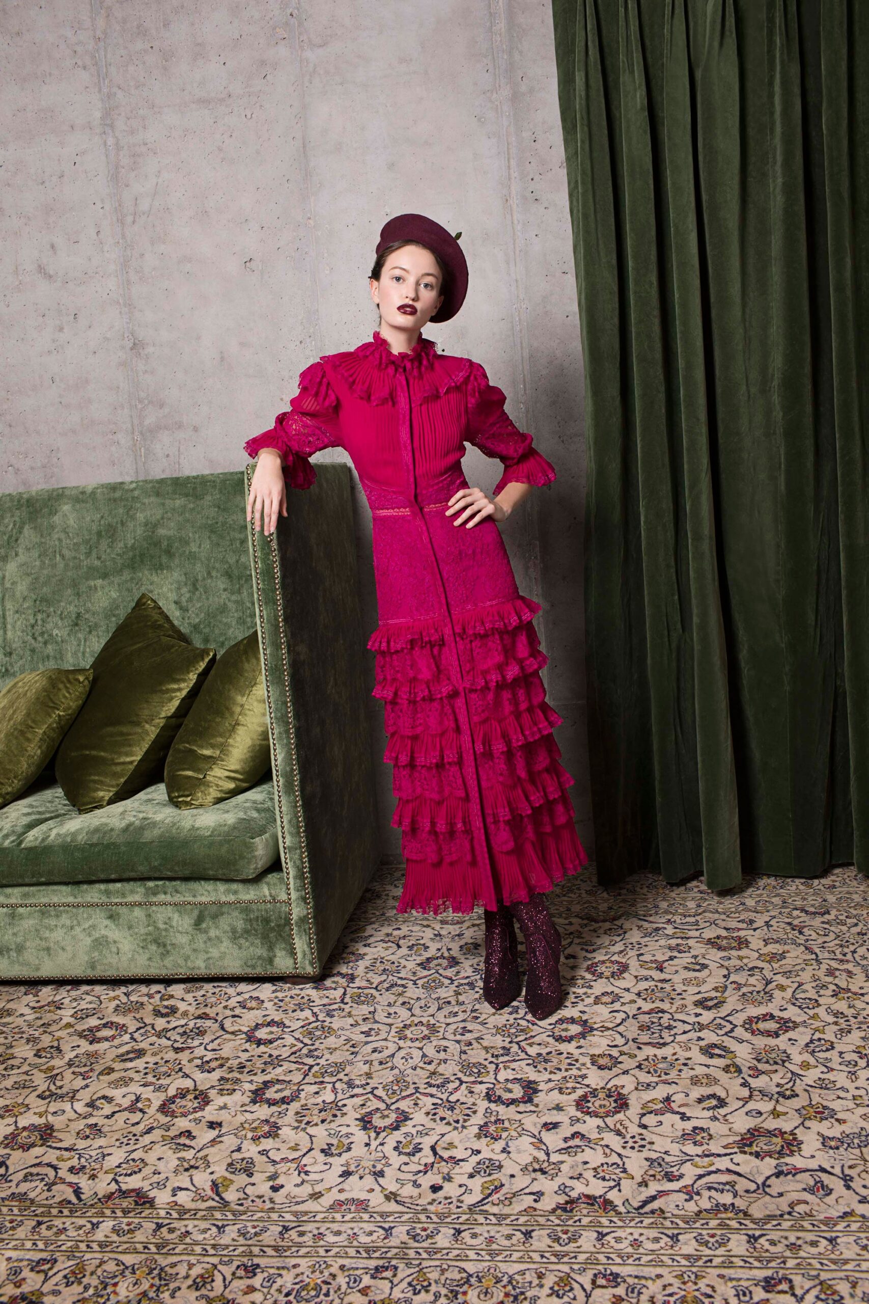 fitted pink ruffled maxi dress