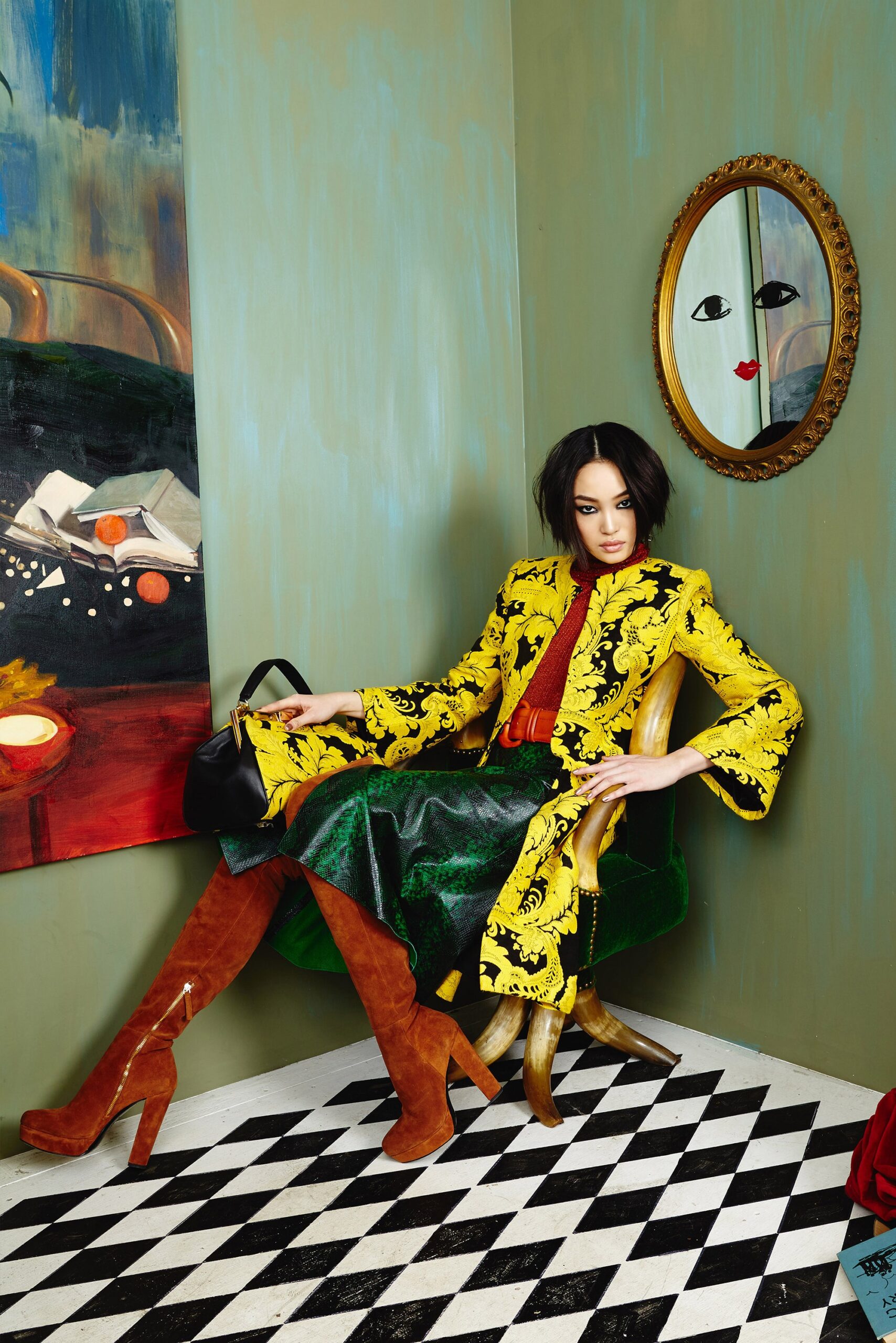yellow printed coat with green skirt