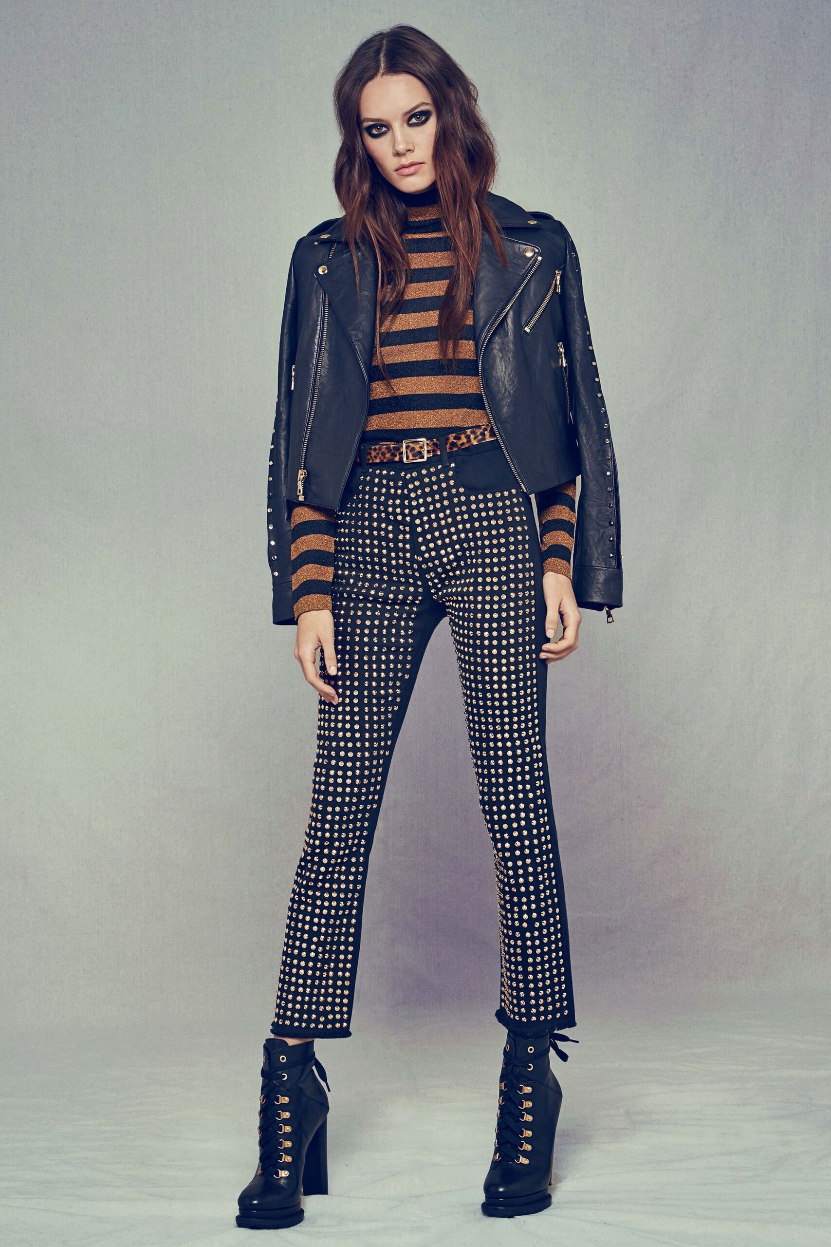 black leather jacket with striped top