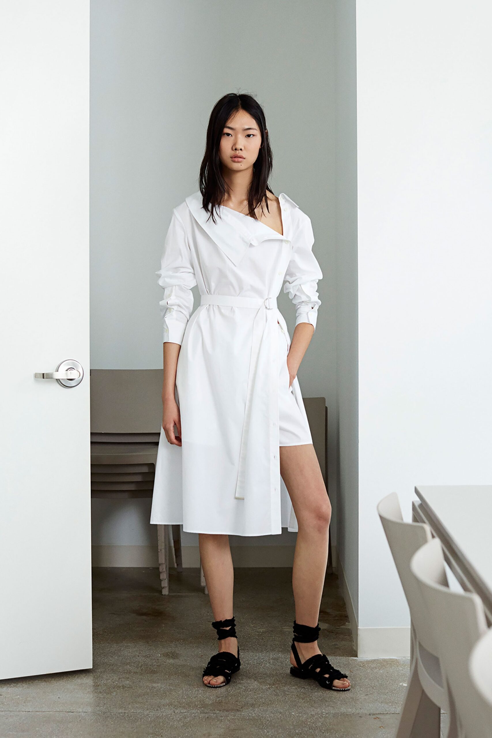 white collared midi dress with black shoes