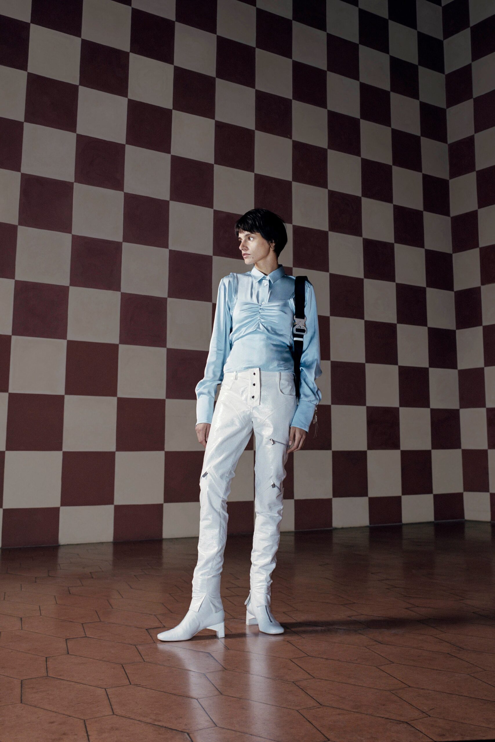 blue fitted shirt white pants