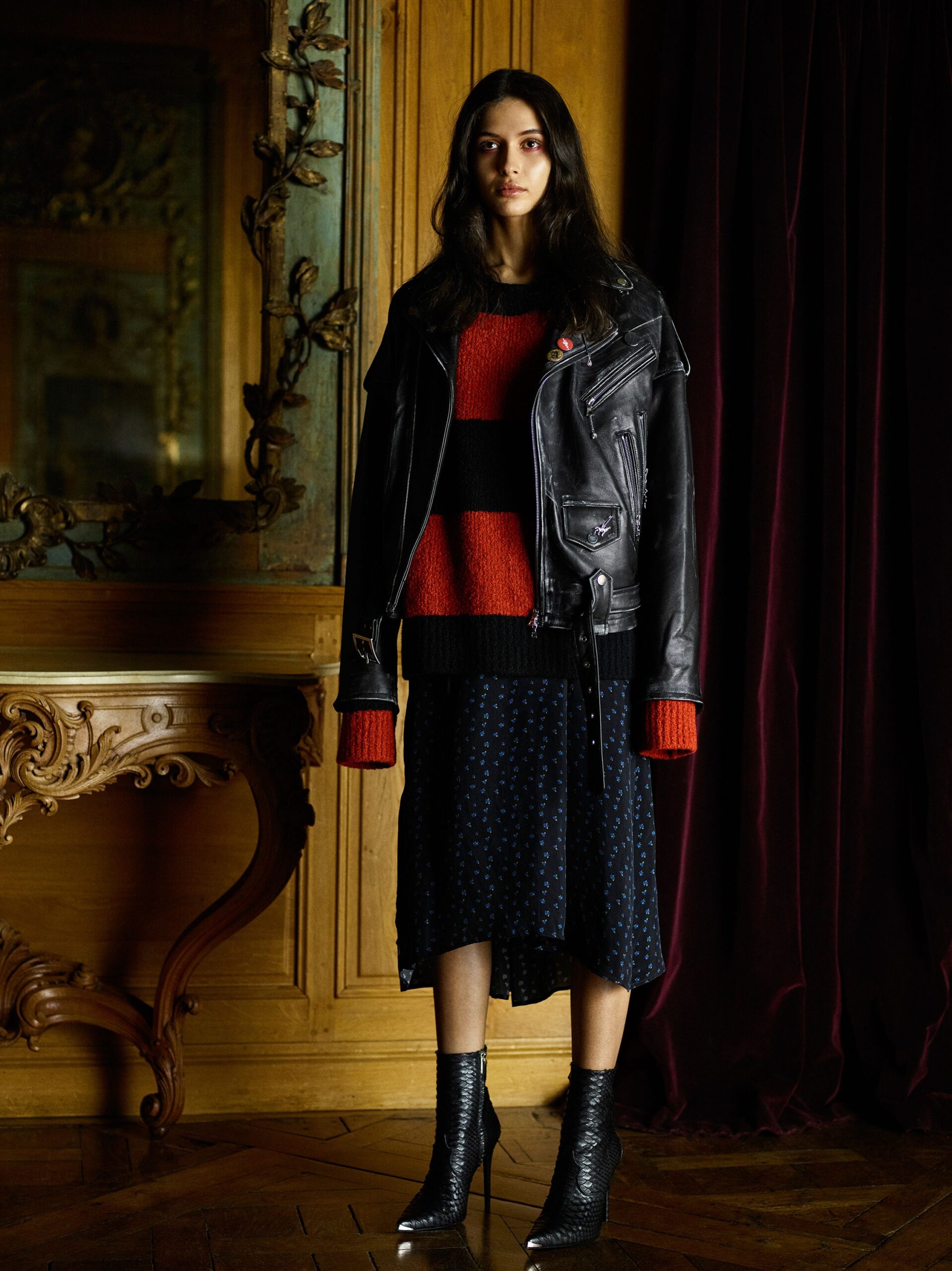 red wool long-sleeve collared fitted striped top