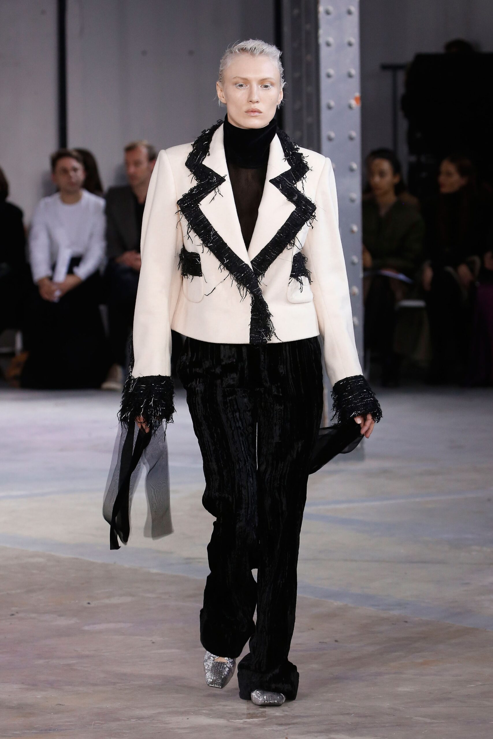 structured black and white blazer with velvet pants