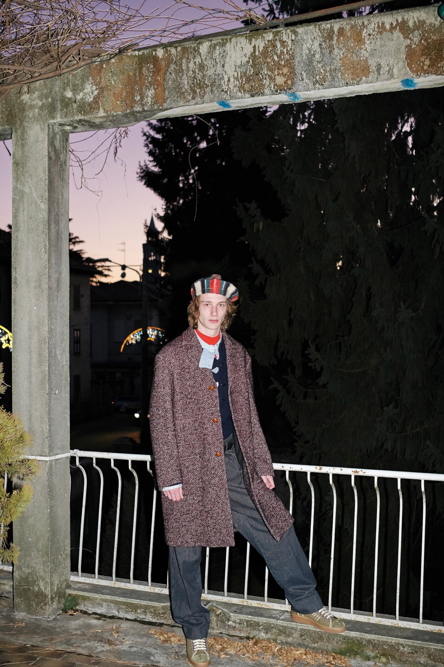 brown wool coat with gray pants