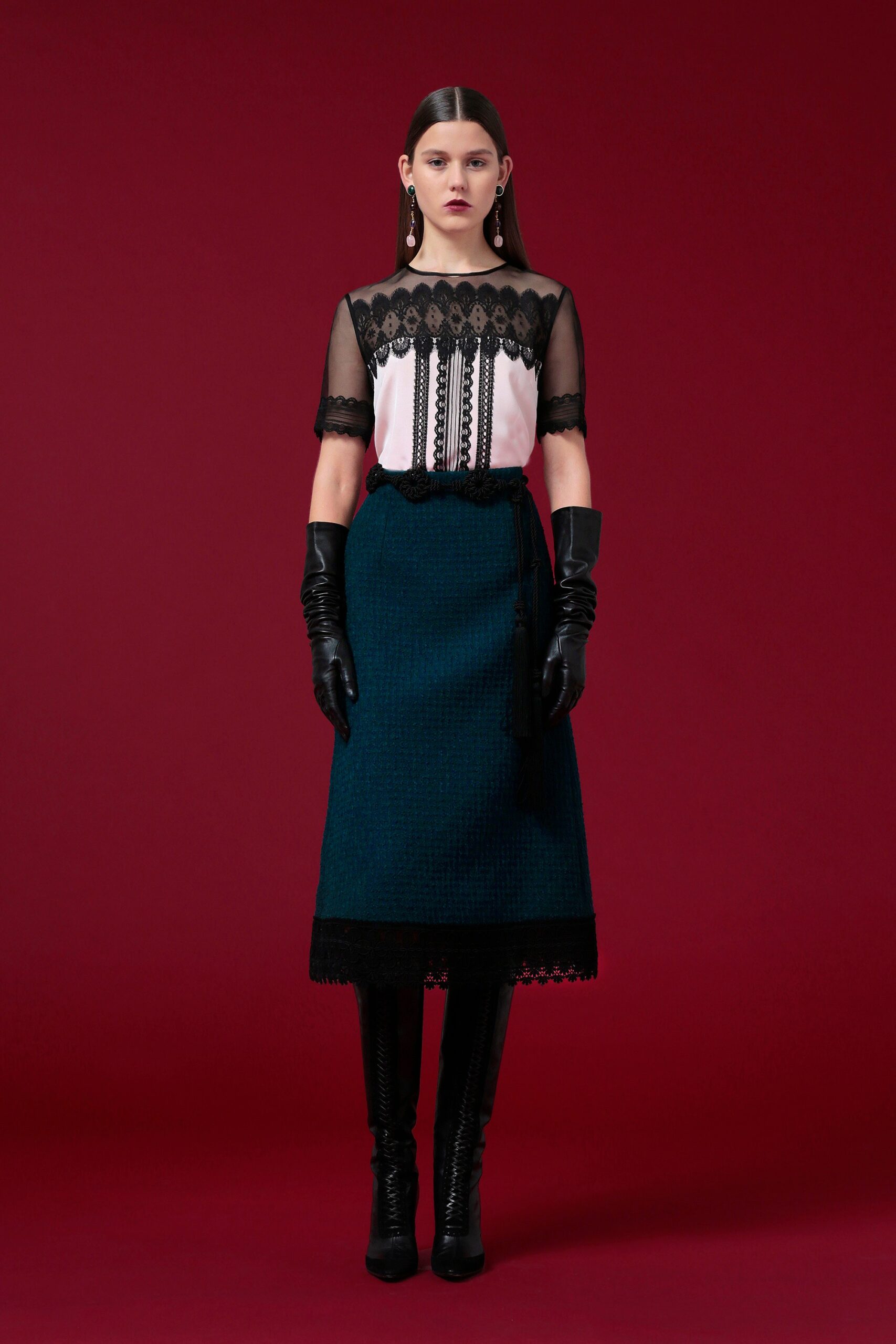 white lace blouse teal skirt