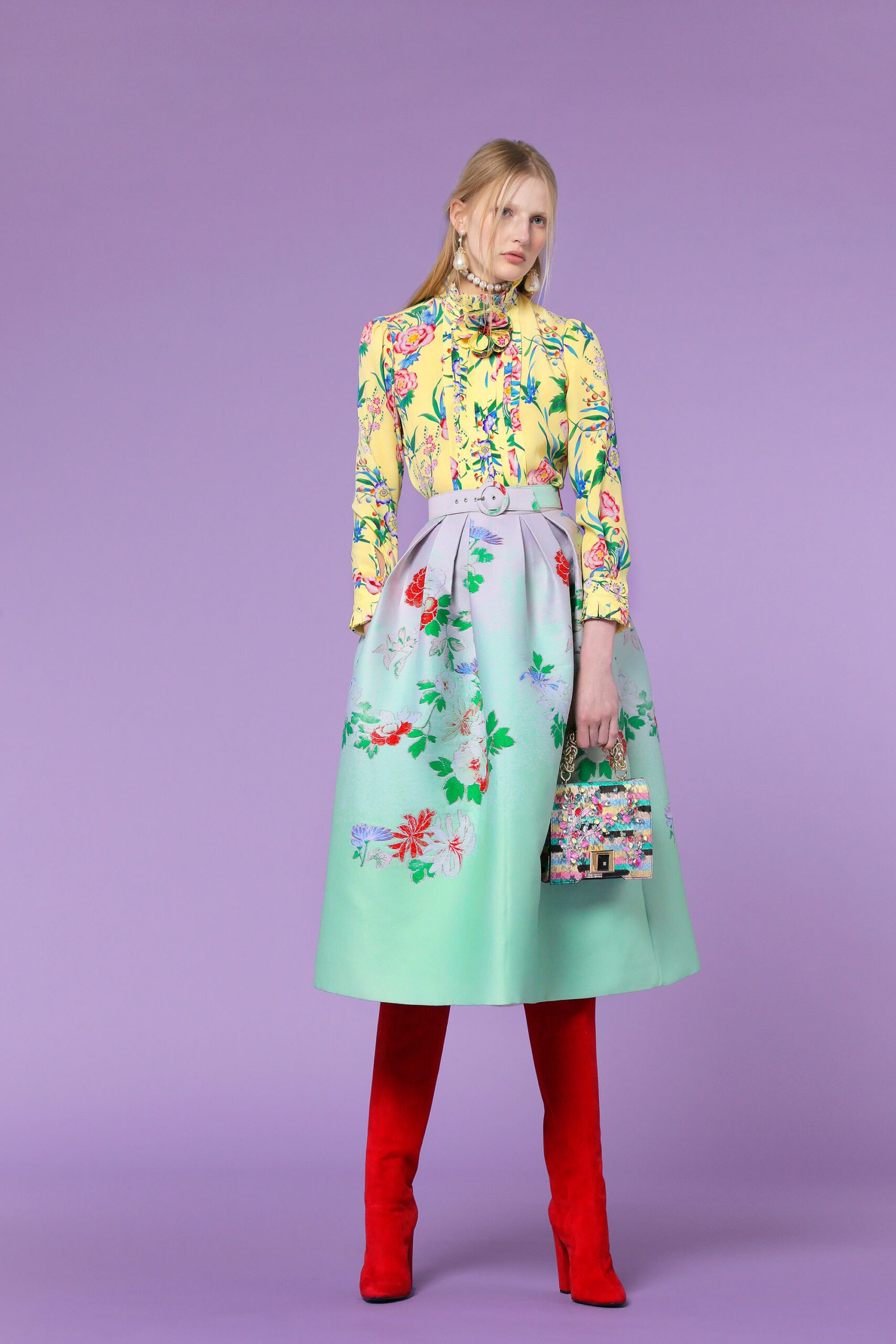 yellow silk long-sleeve collared fitted embroidered blouse