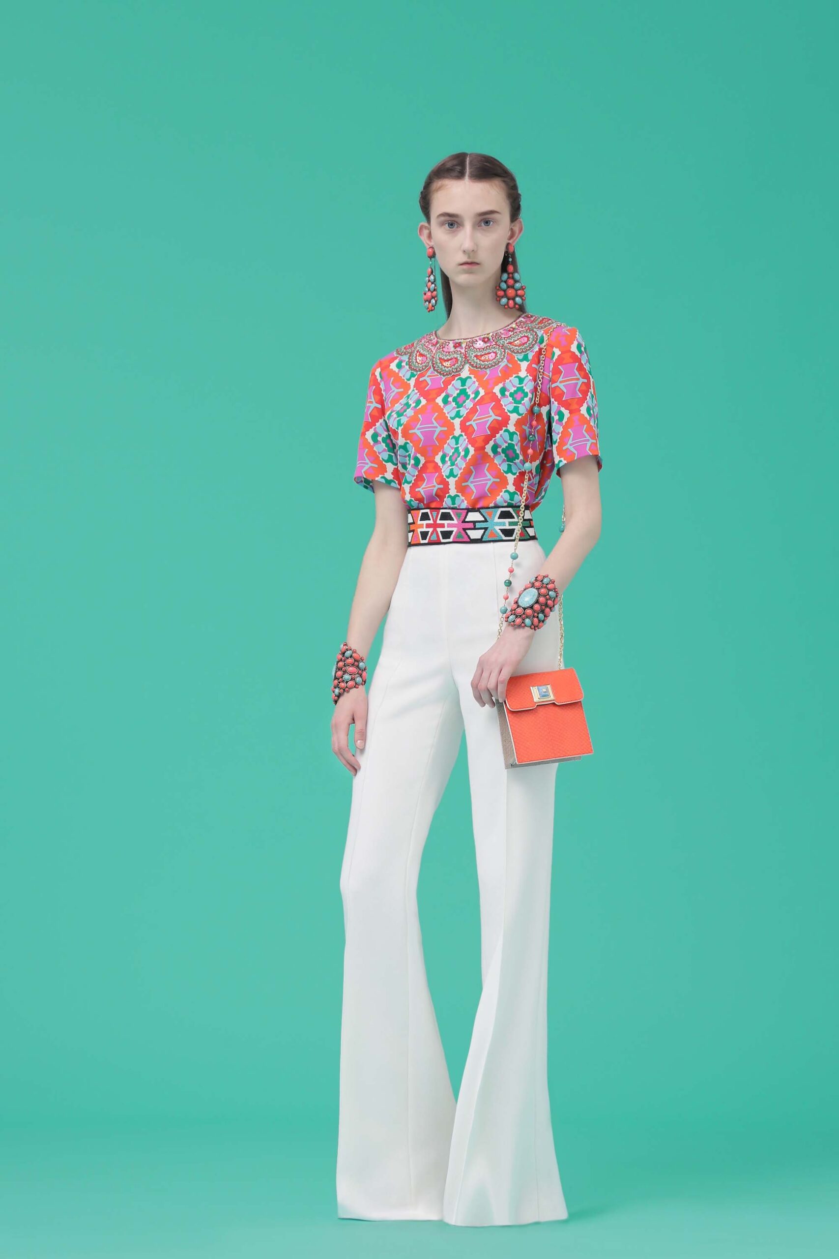 colorful printed top with flared pants