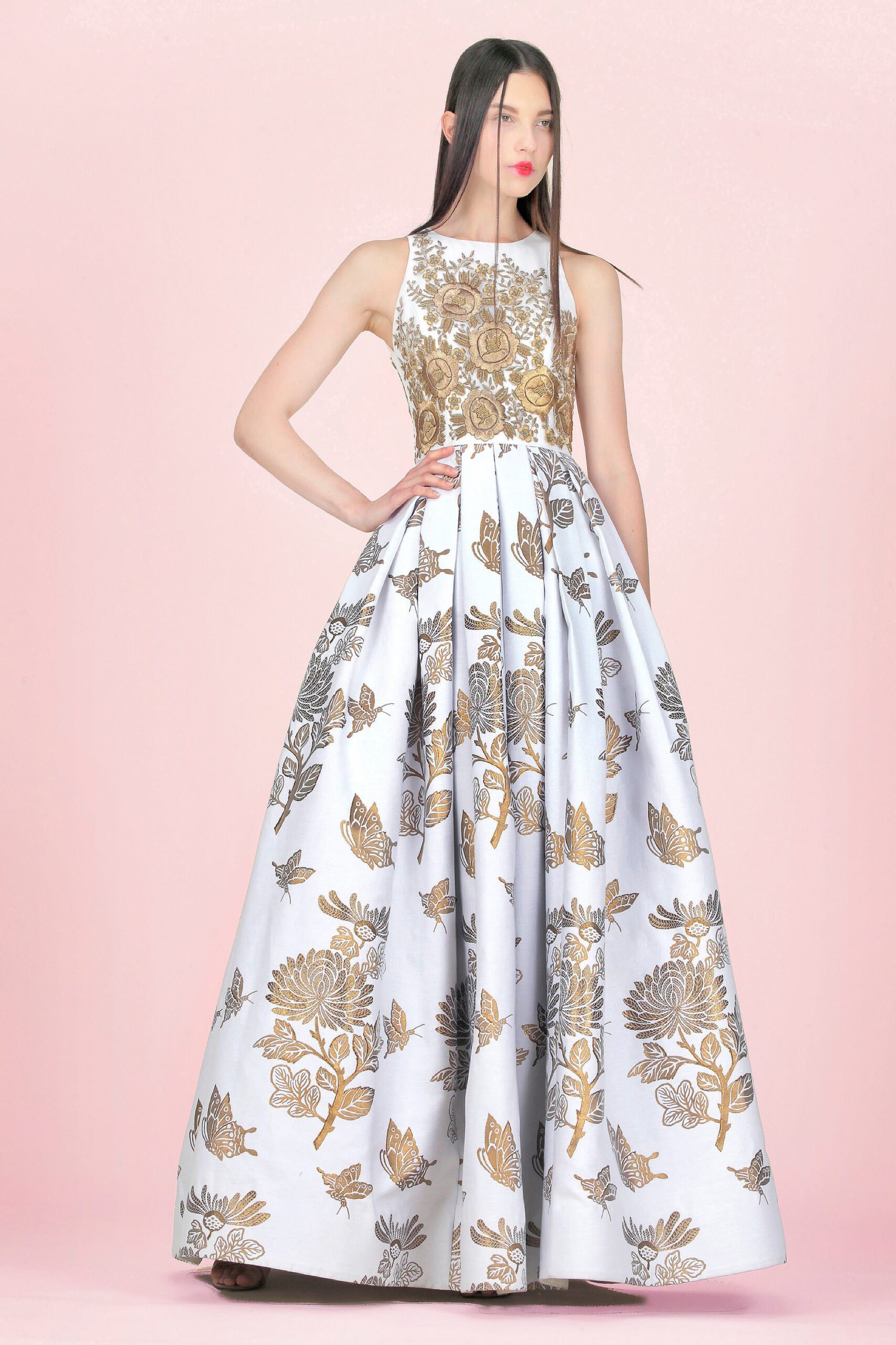 white silk embroidered gown
