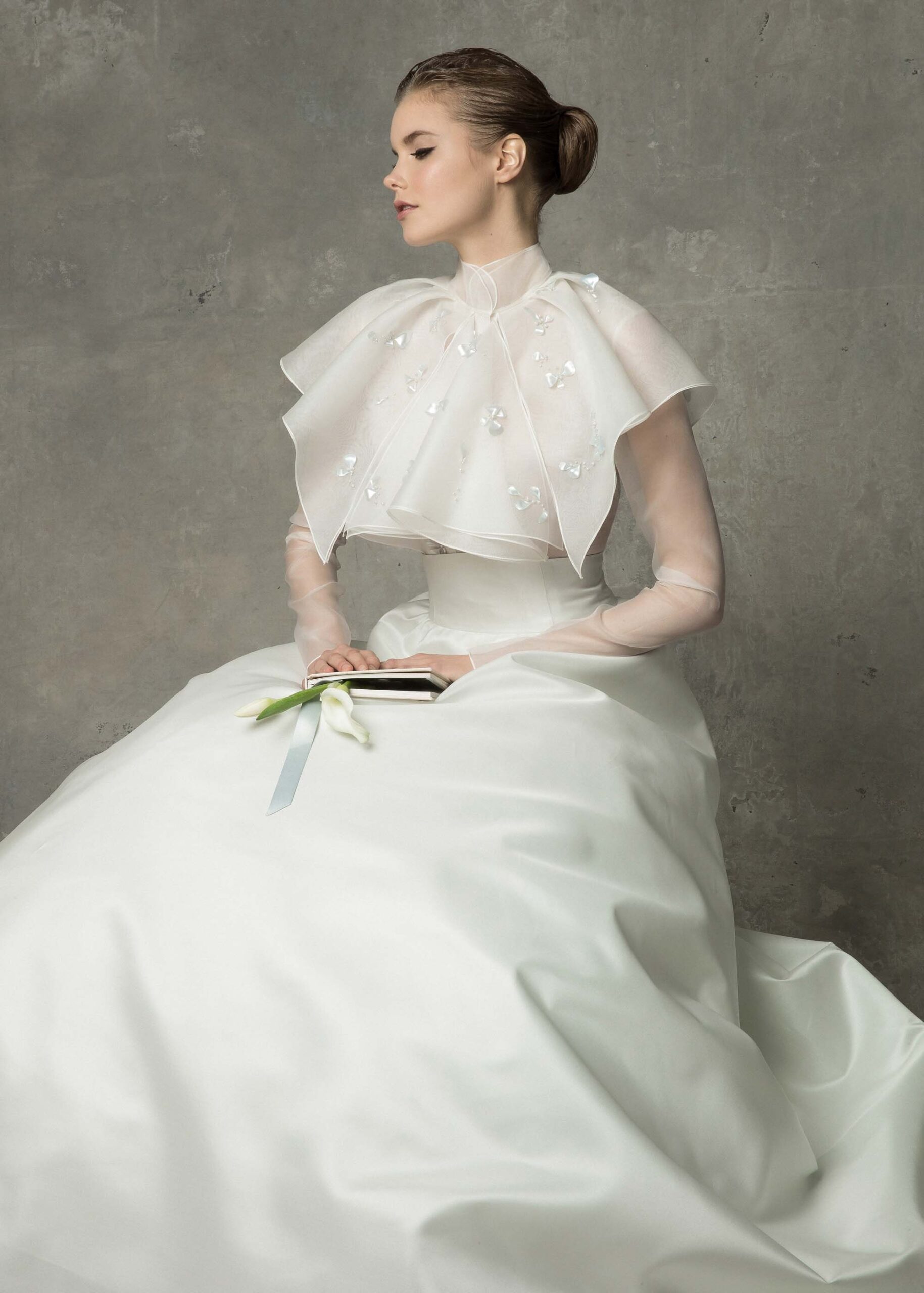 white chiffon sleeveless relaxed draped flowing cape