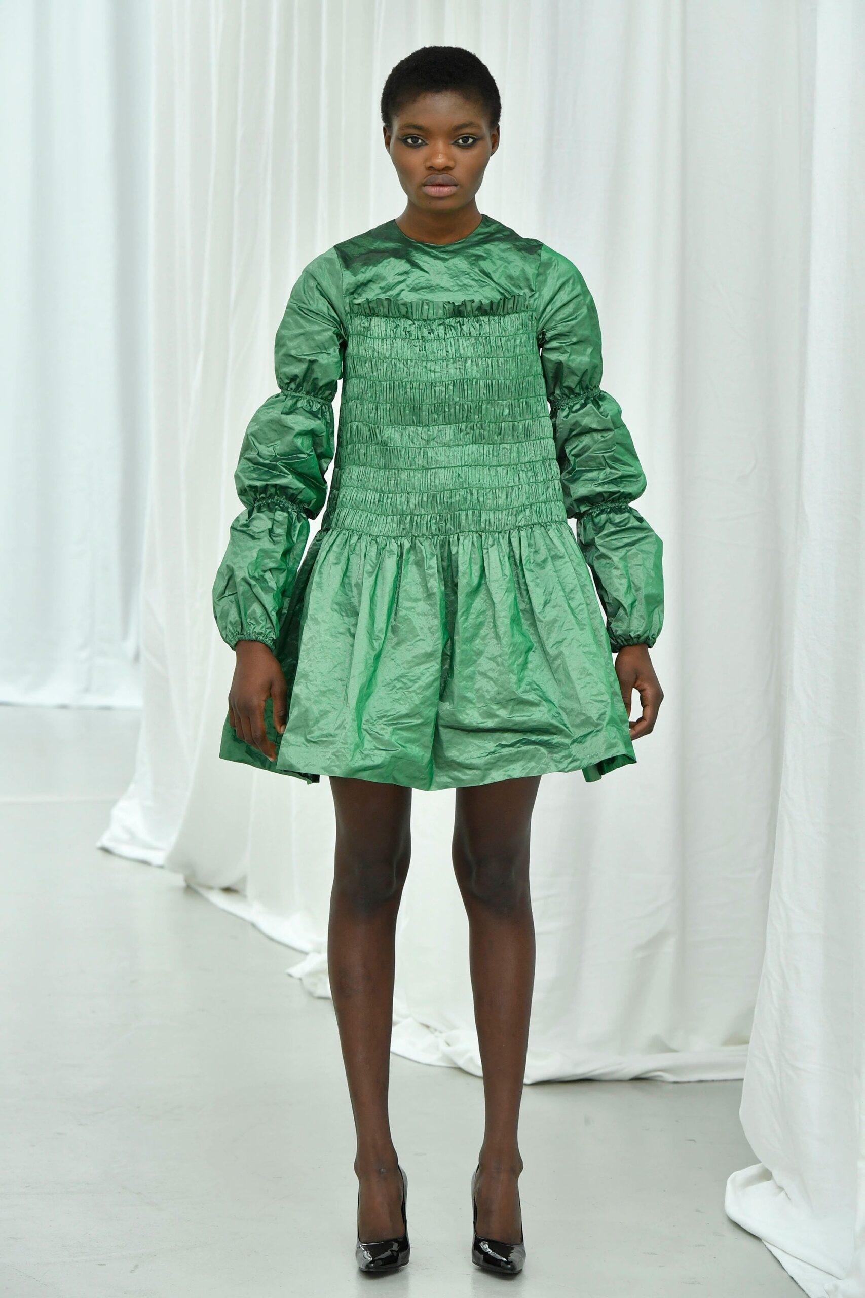 green silk long-sleeve mini dress