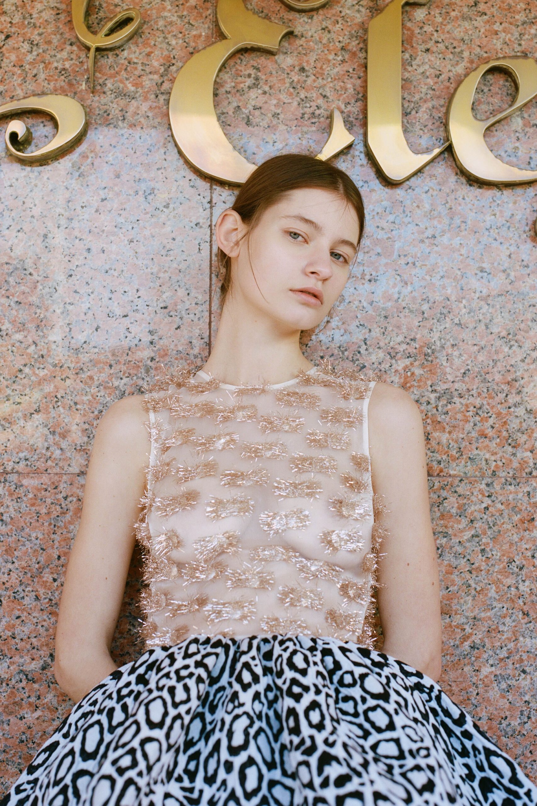 sheer embroidered top and flared skirt