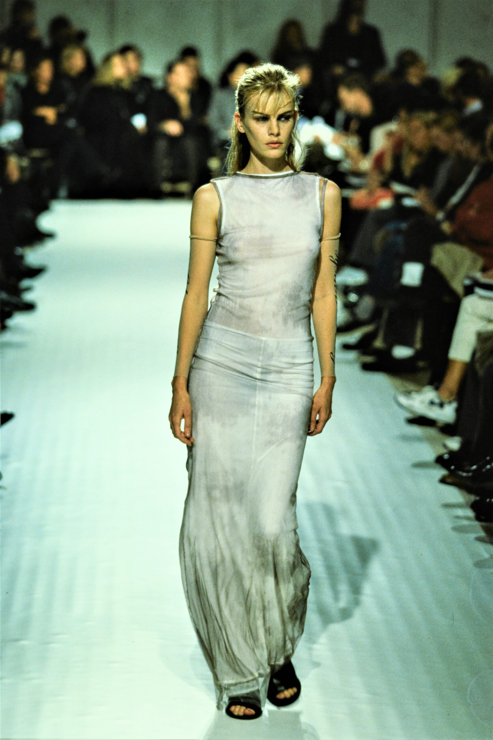 fitted gray silk sleeveless dress