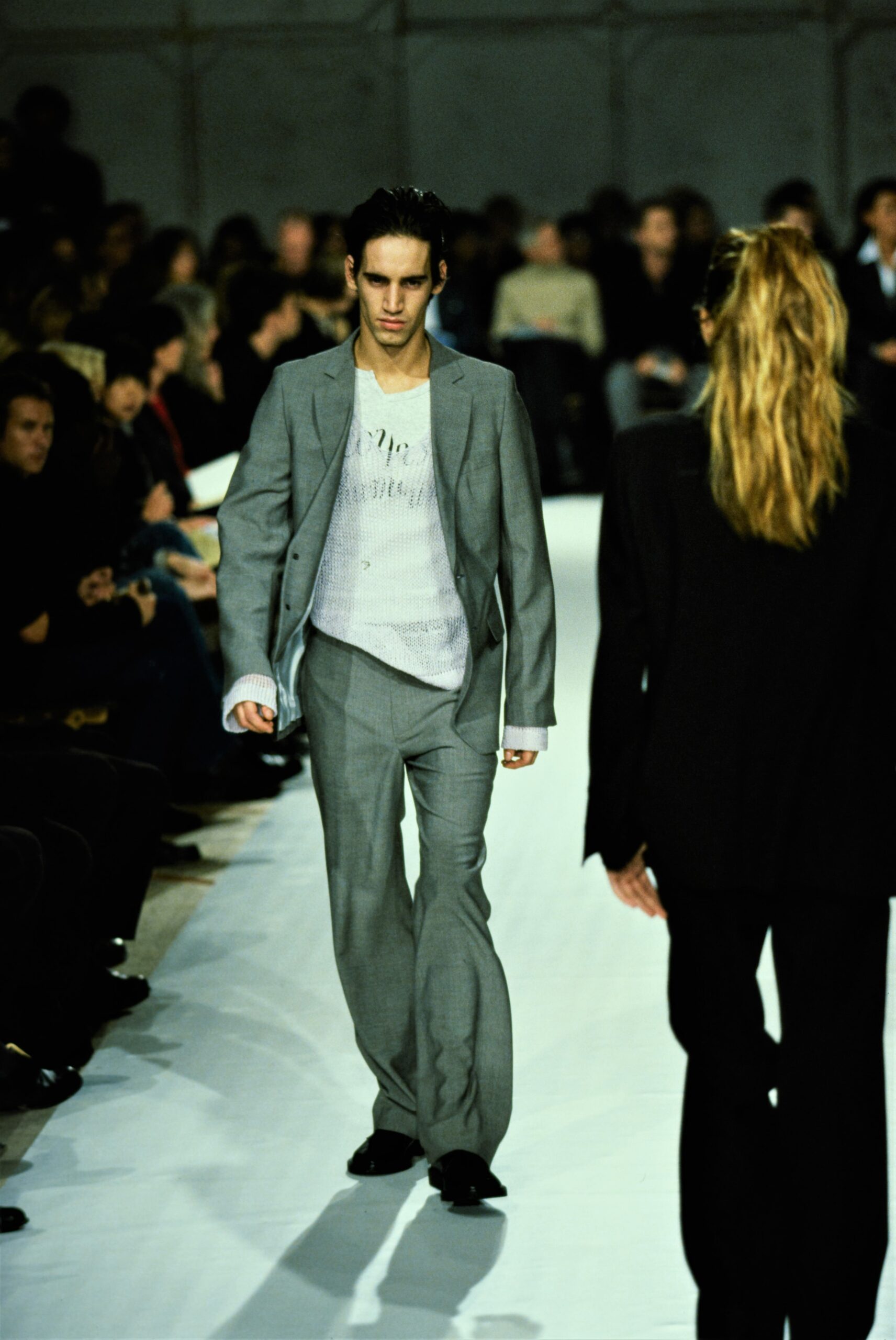 gray relaxed suit with white top