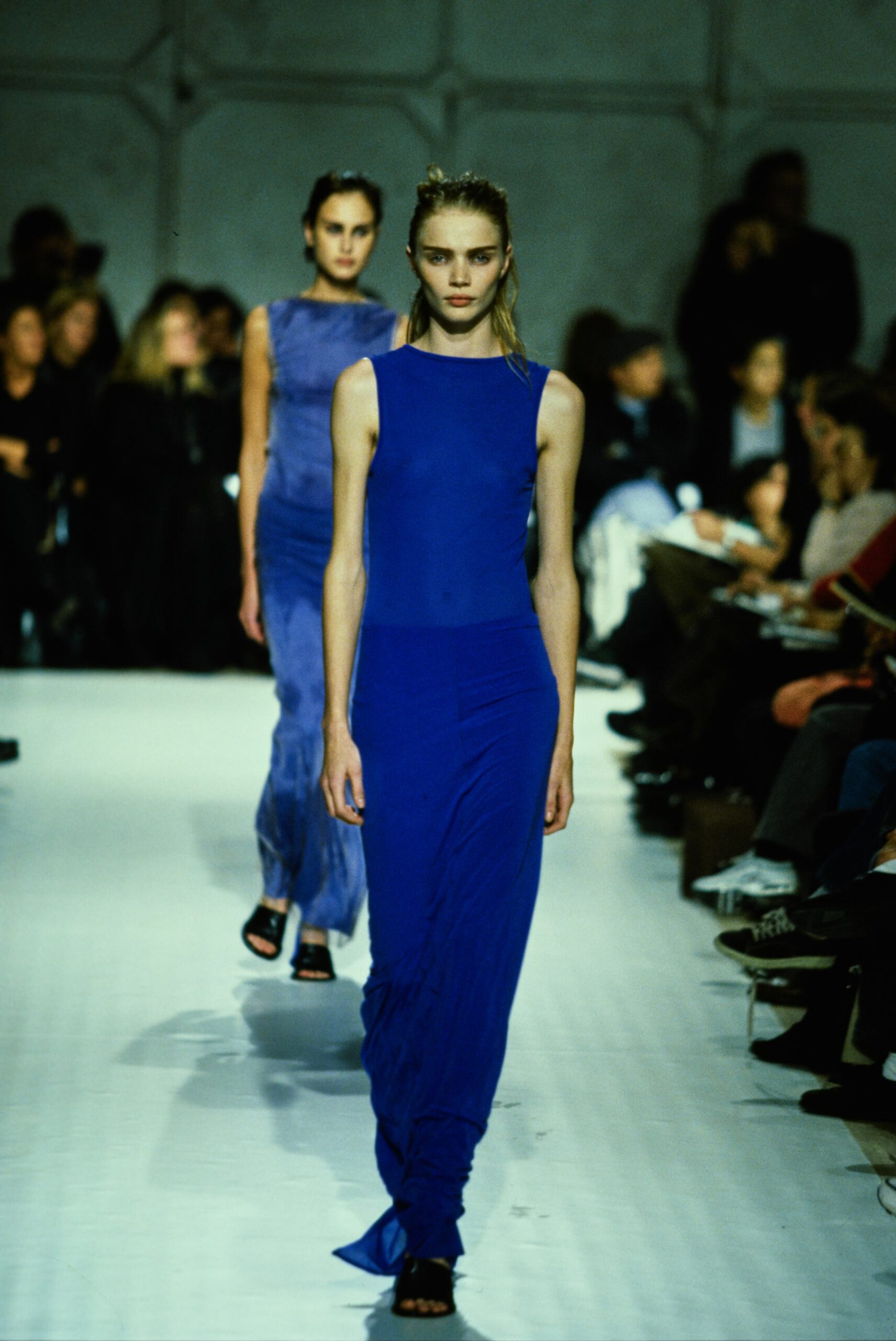 fitted blue silk maxi dress
