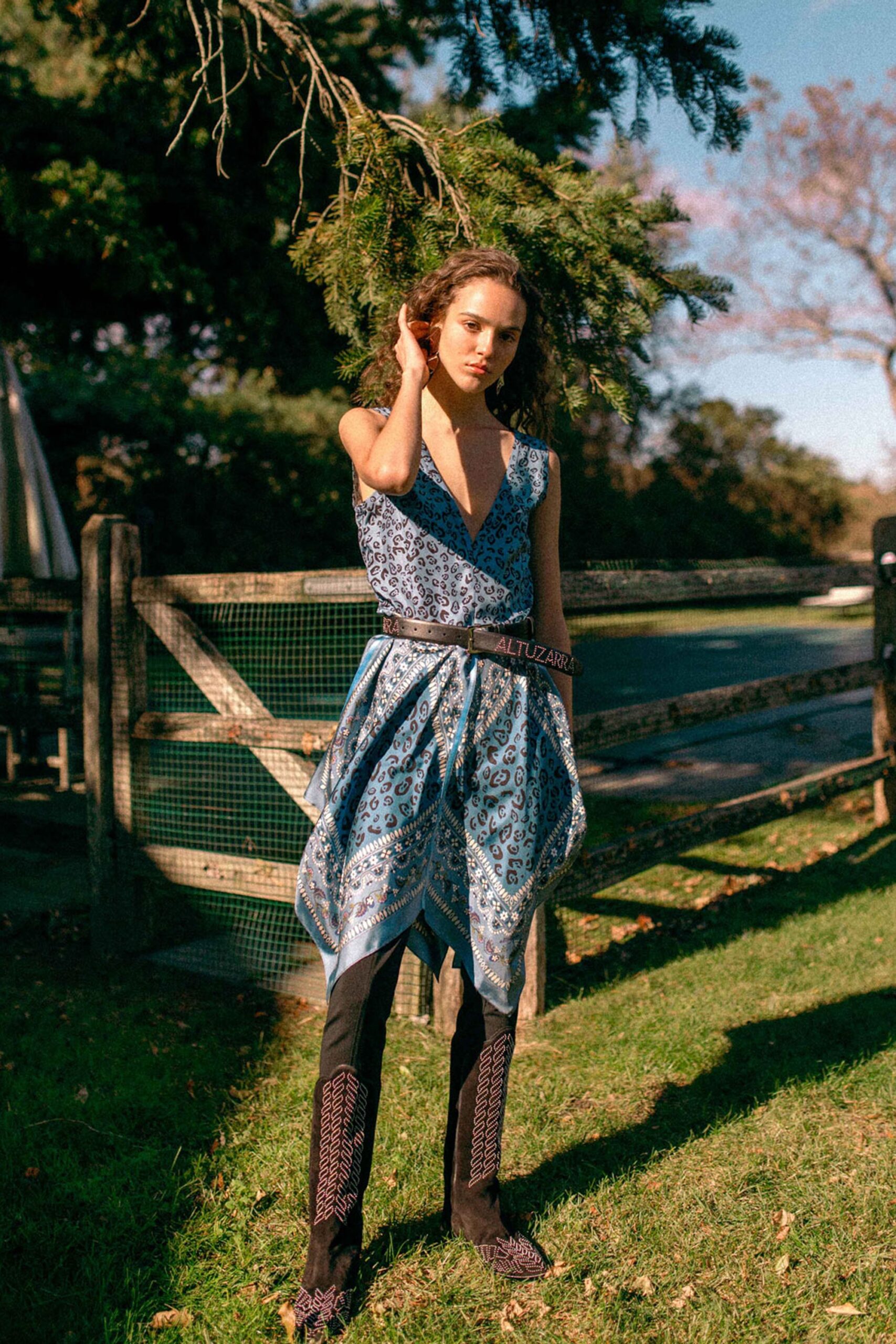 blue printed midi dress with black pants
