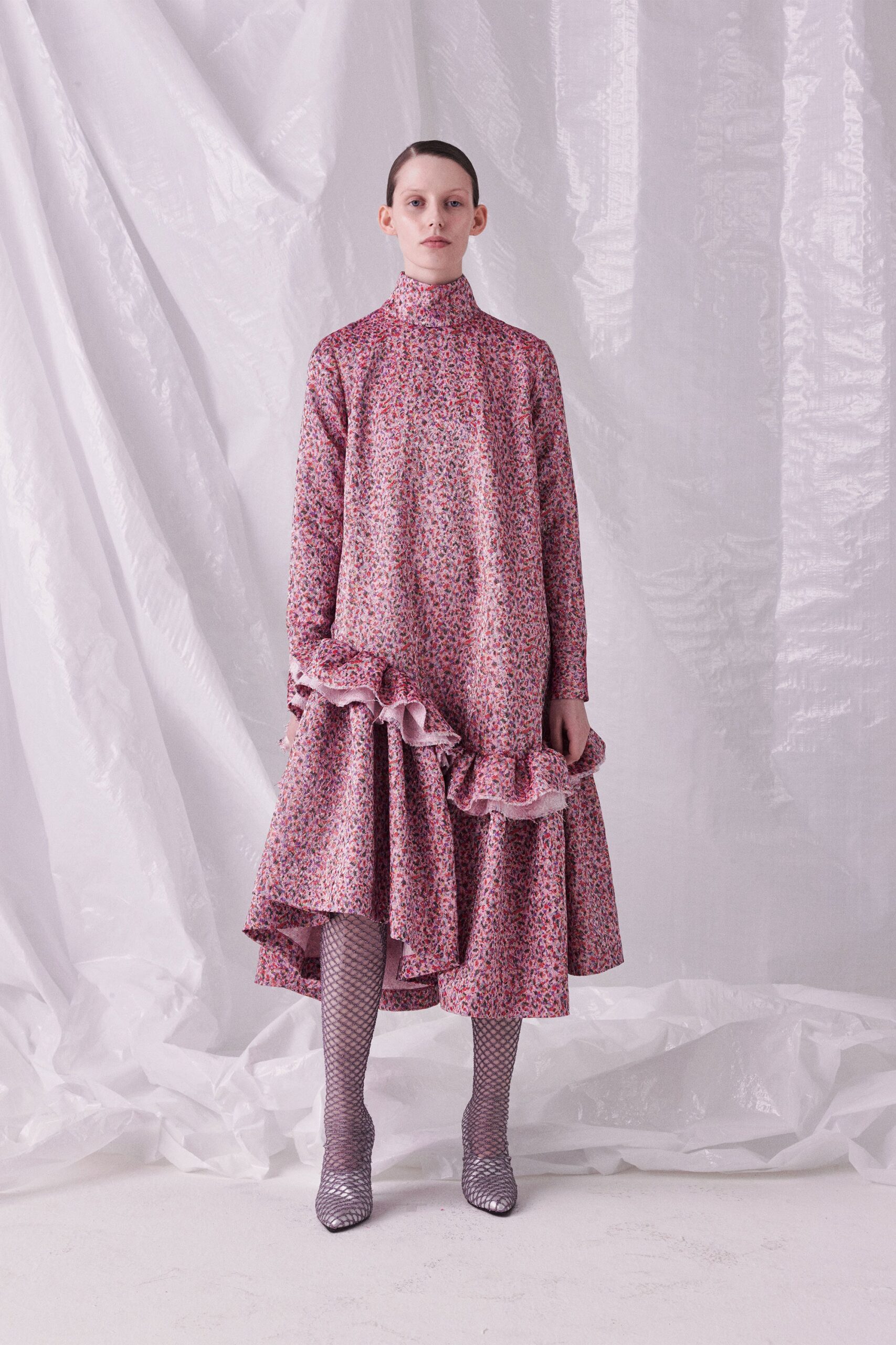 pink and purple ruffled midi dress