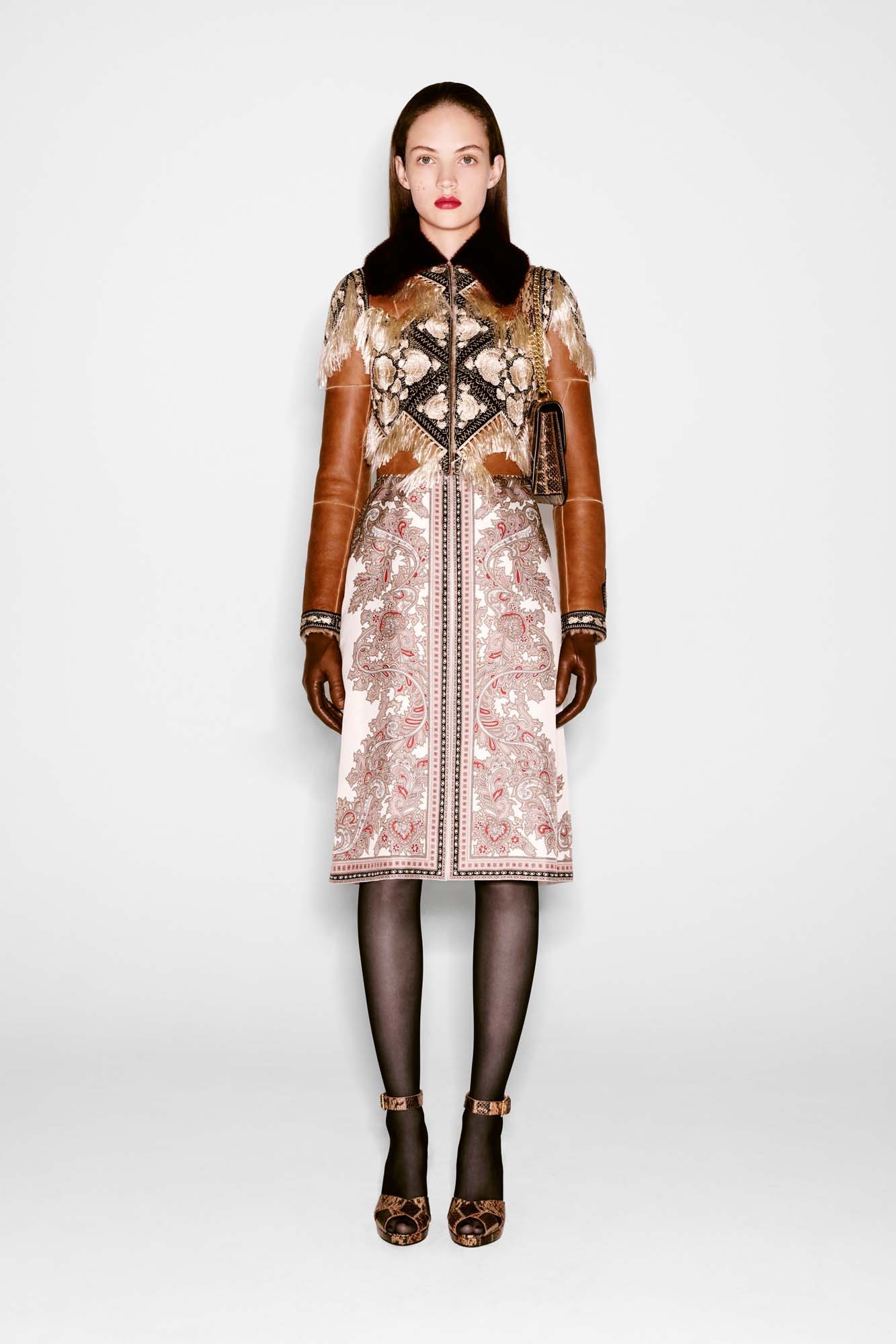 brown leather embellished jacket and midi dress