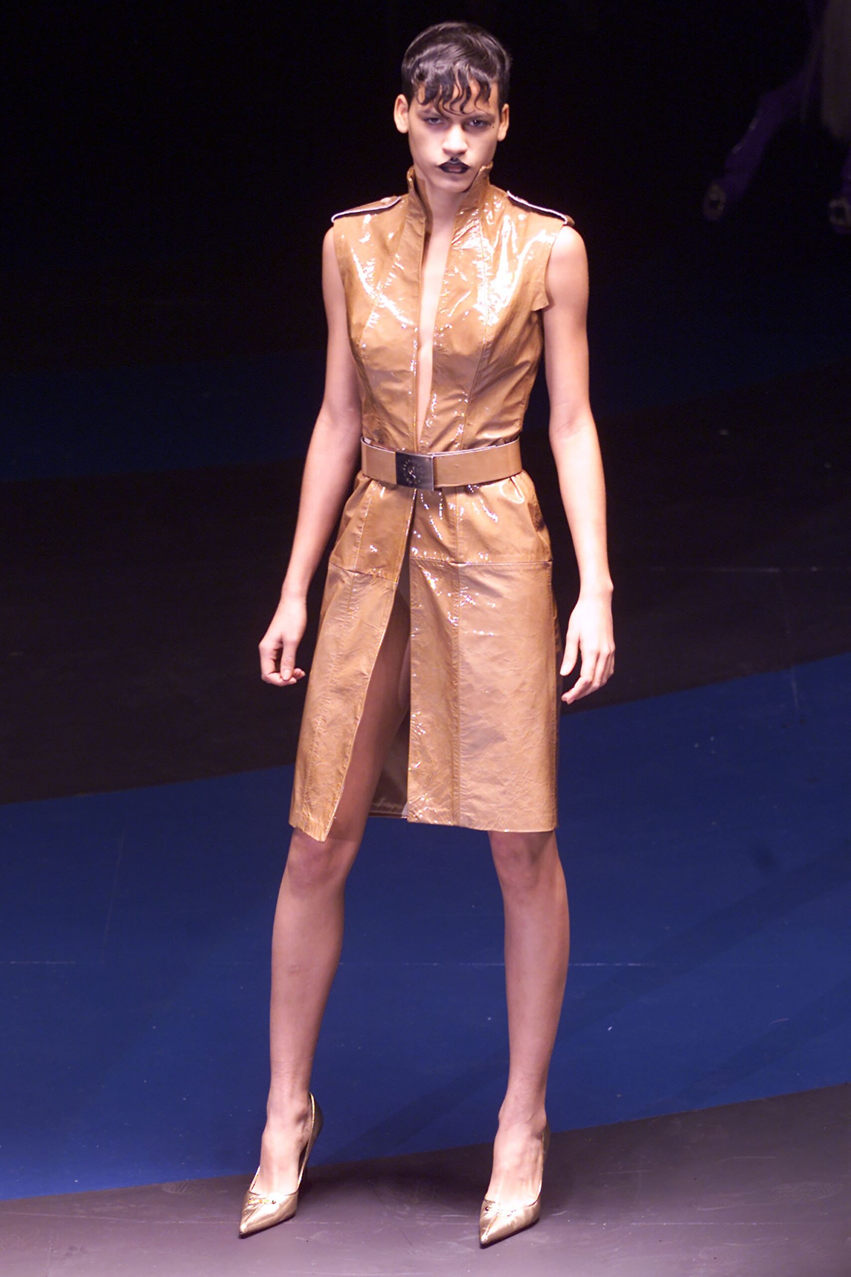 fitted gold vinyl sleeveless dress