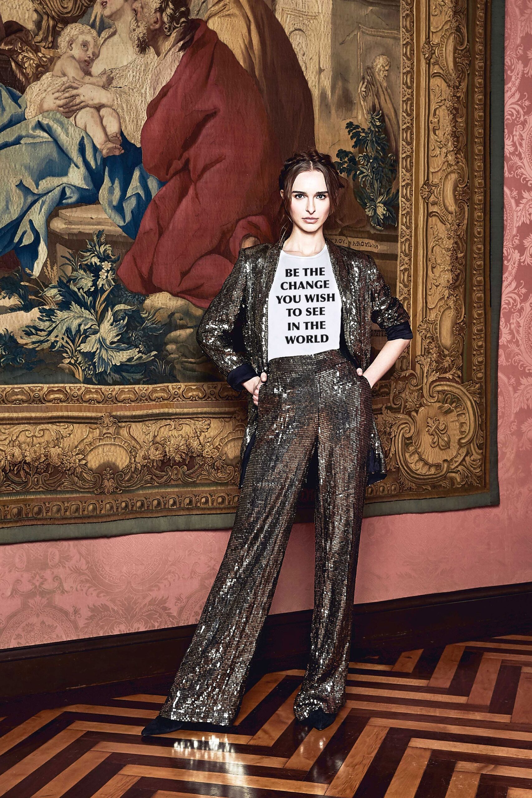 black sequin suit with white t-shirt