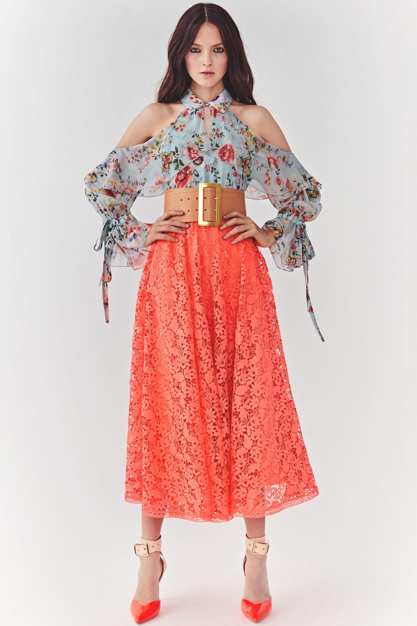 floral blouse and lace skirt