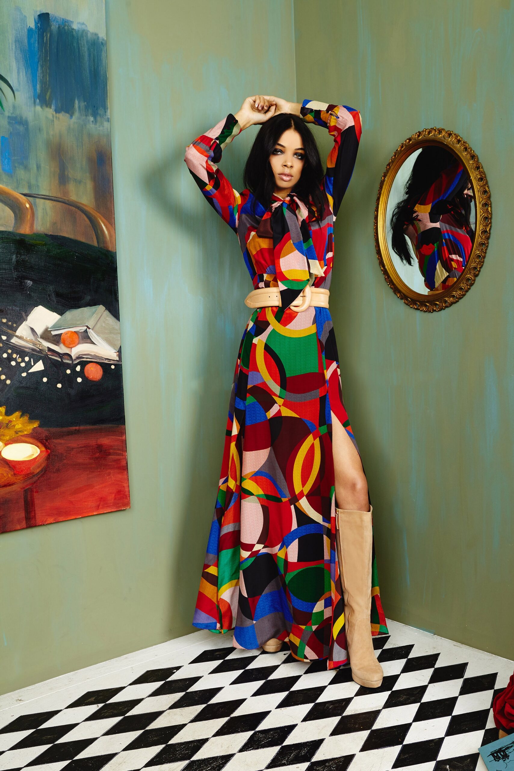 colorful printed maxi dress with belt