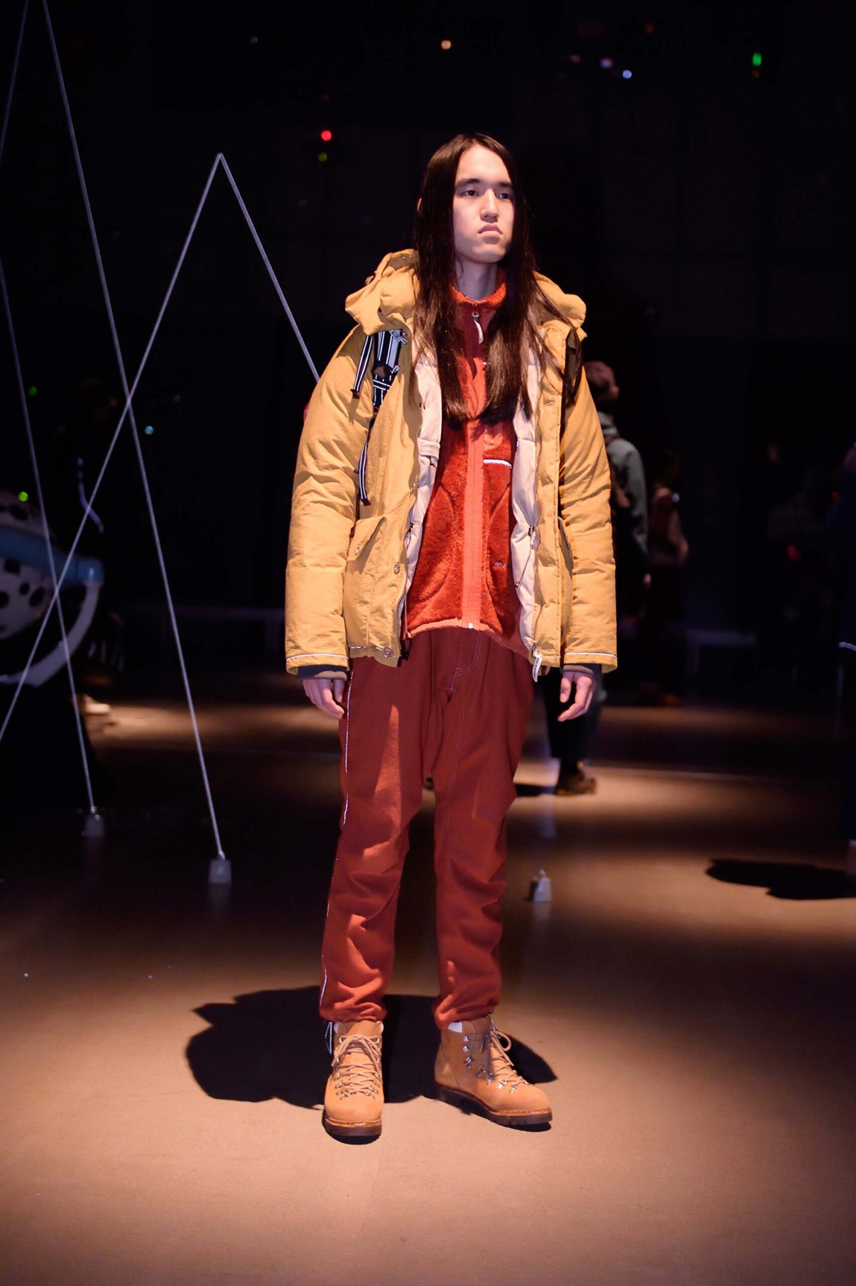 brown fur jacket with red top