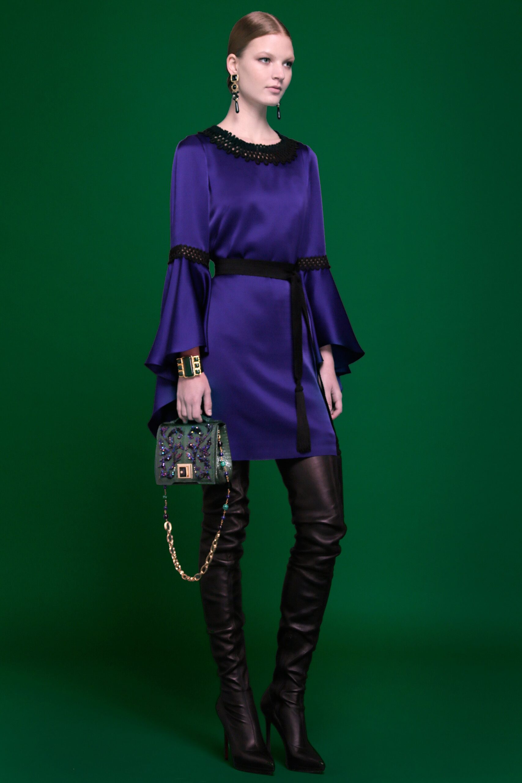 blue silk long-sleeve collared fitted belted flared dress