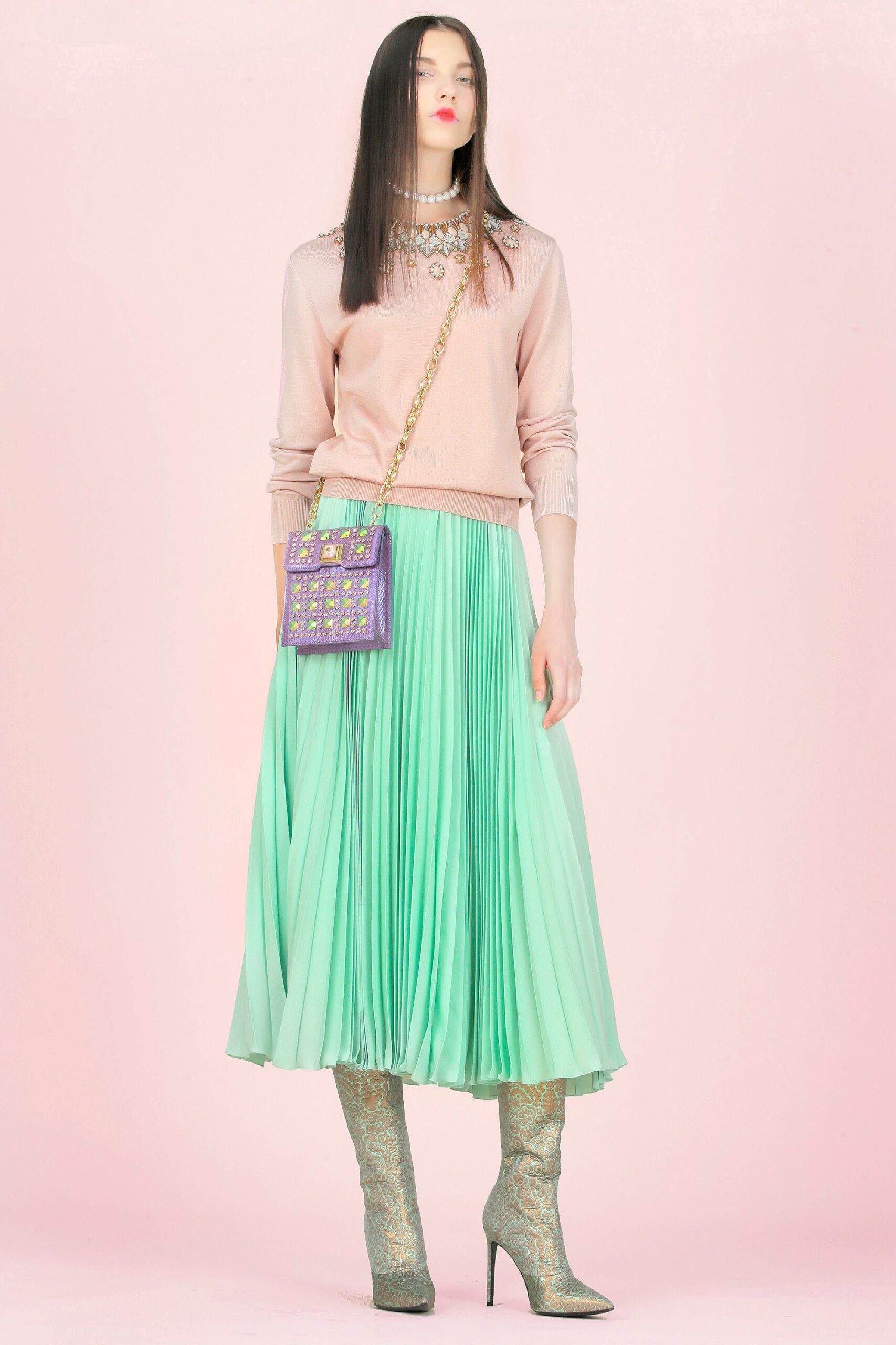 pink cotton long-sleeve collared fitted embellished sweater