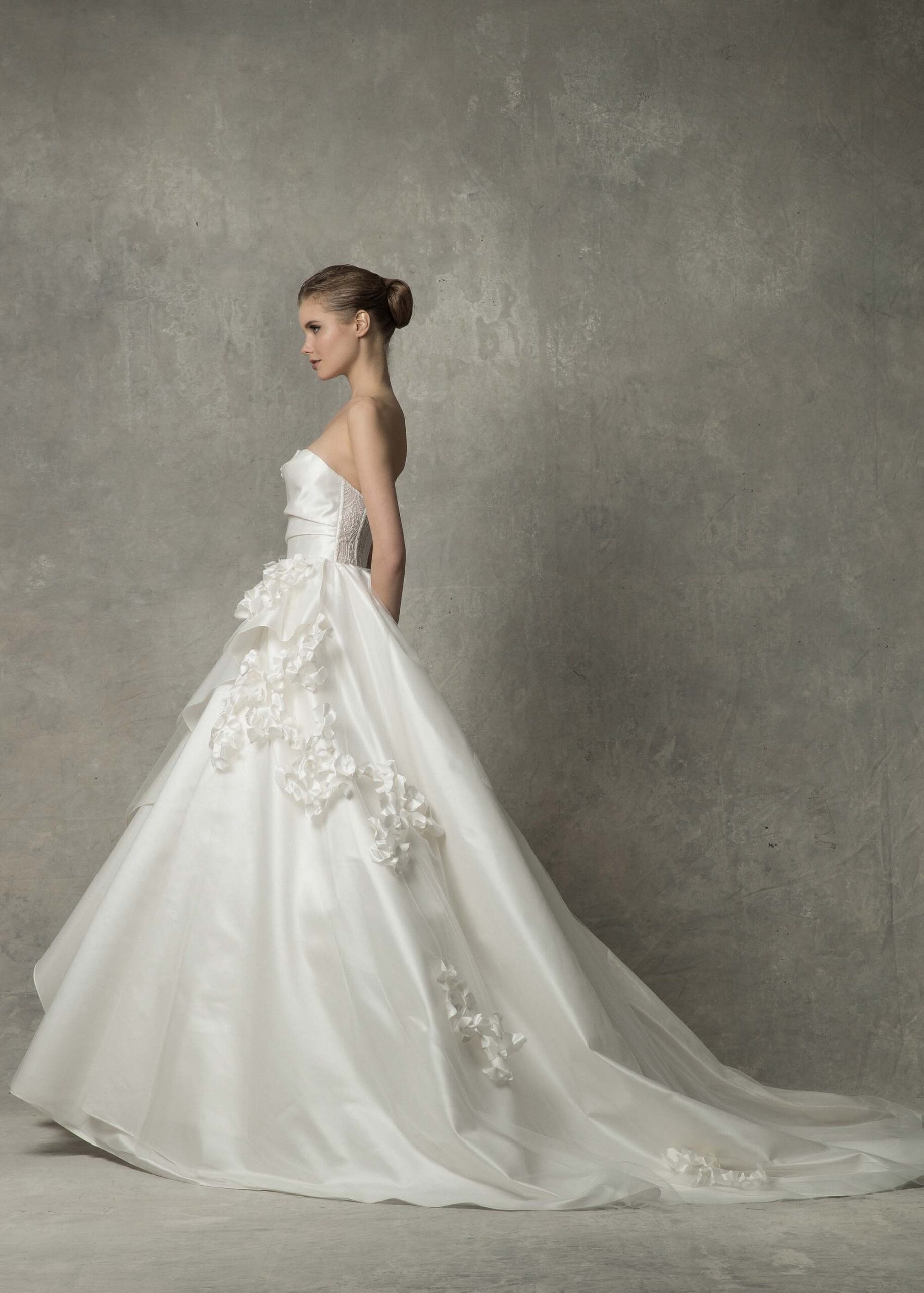 white silk strapless gown