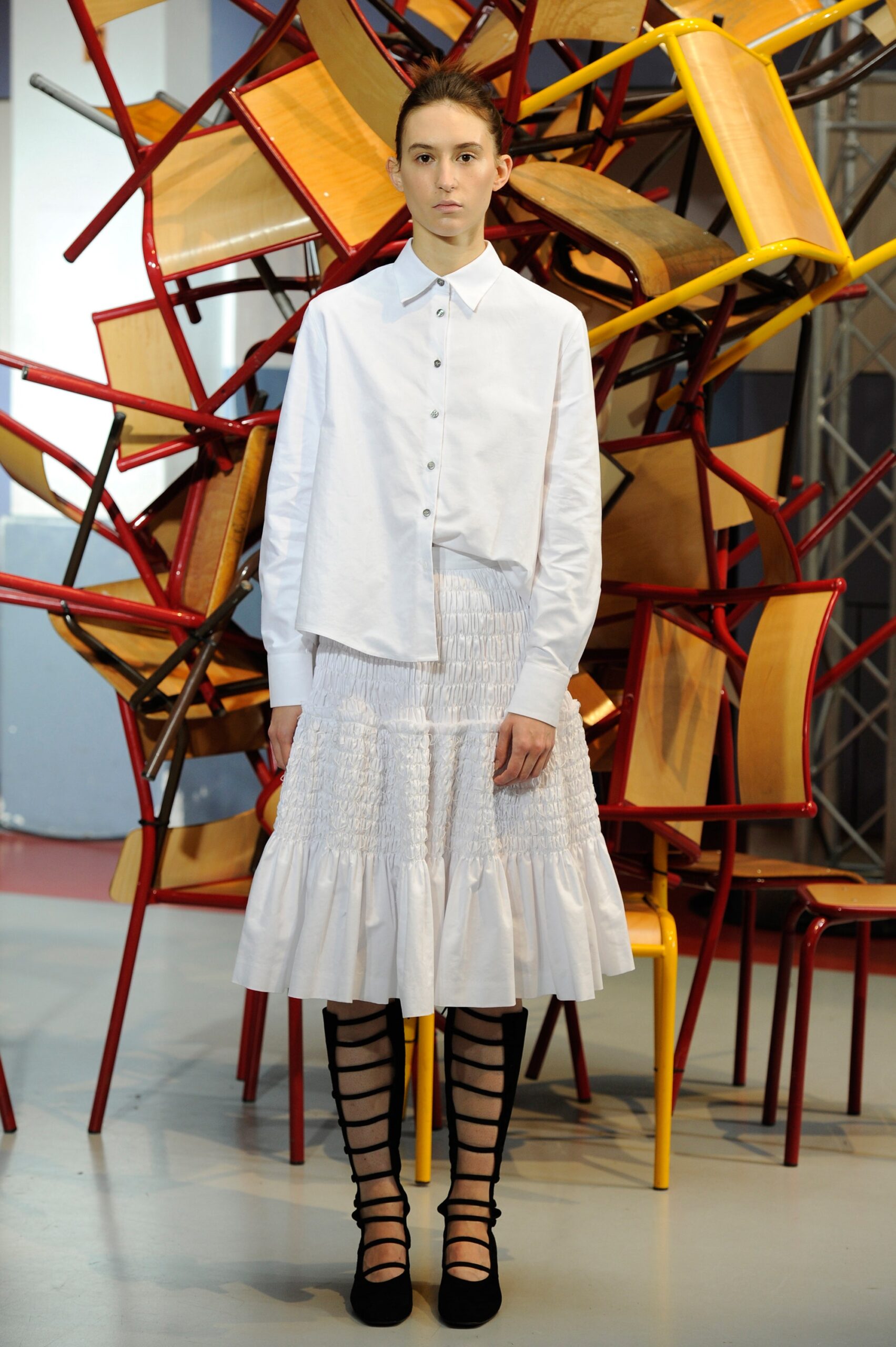 white relaxed shirt and midi skirt