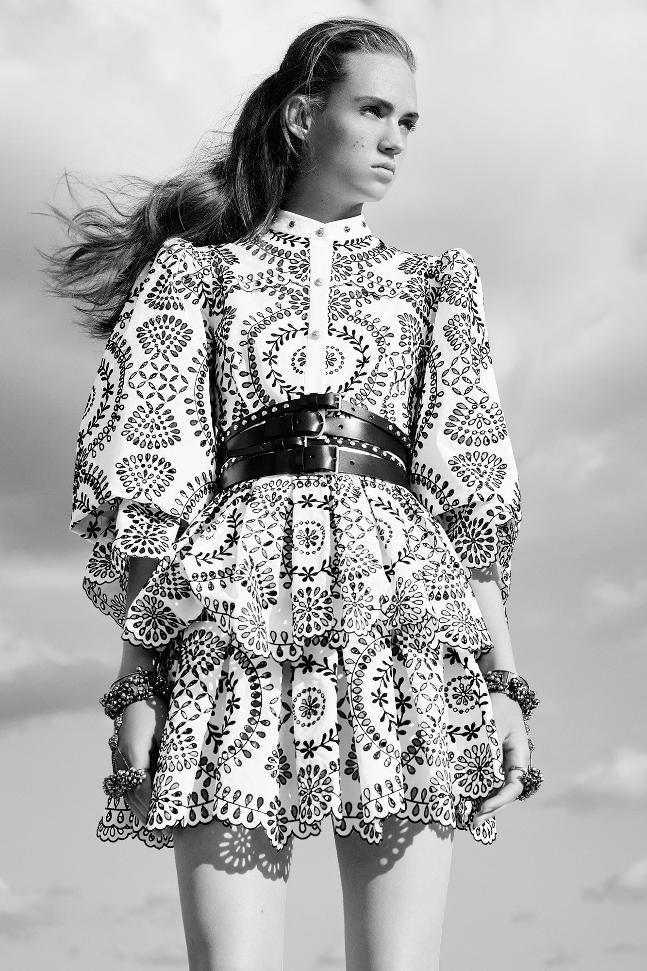 black and white embroidered mini dress