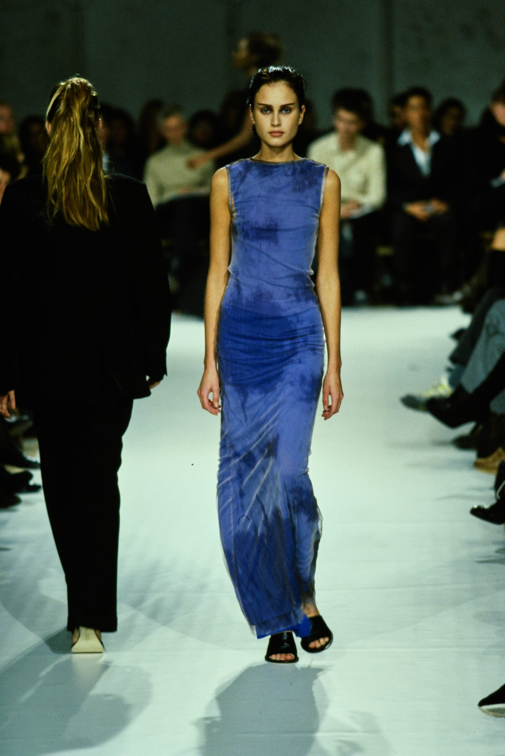 blue silk sleeveless dress