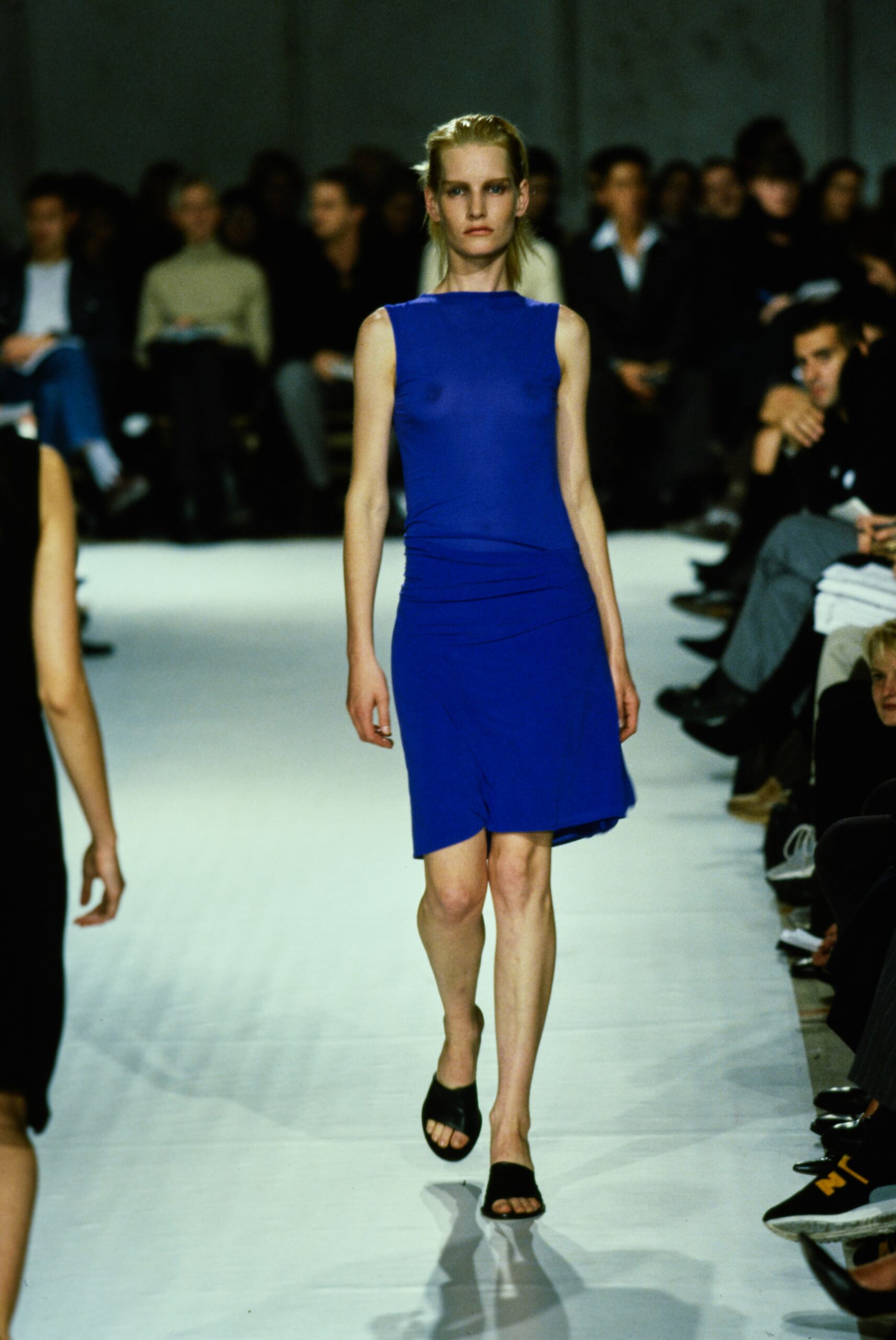 fitted blue silk sleeveless dress