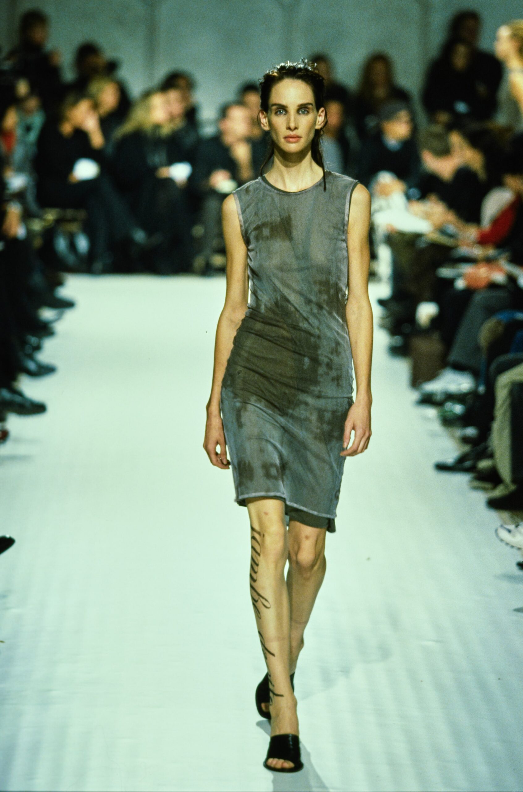 fitted gray silk sleeveless dress