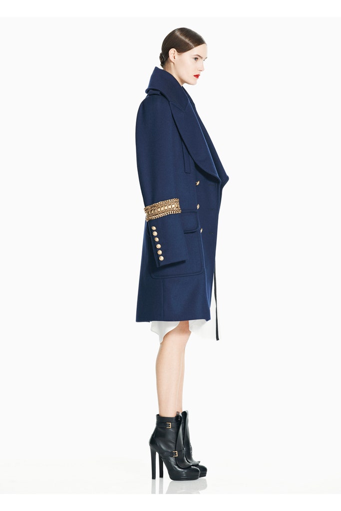 blue wool coat with white dress