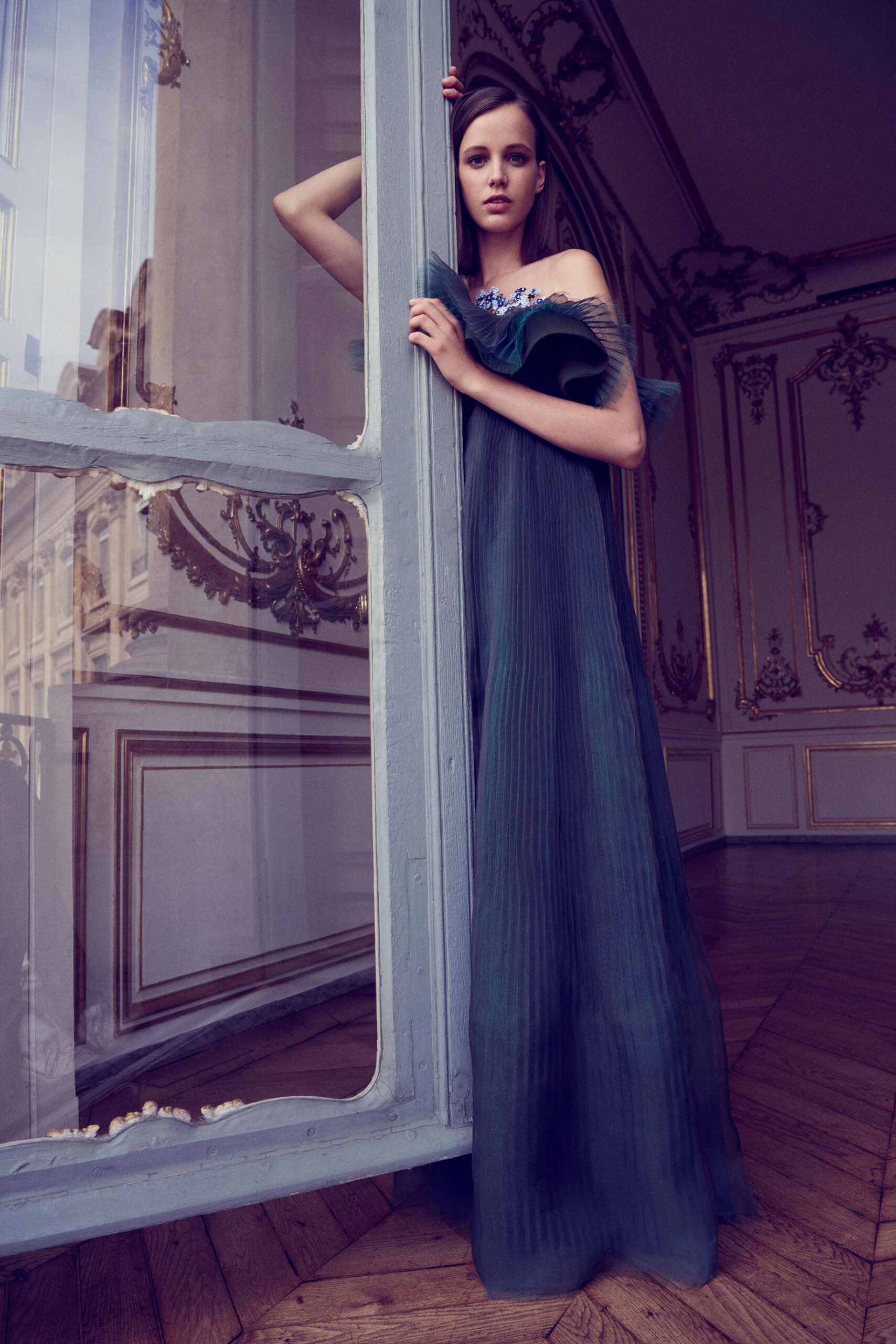 blue silk off-shoulder gown