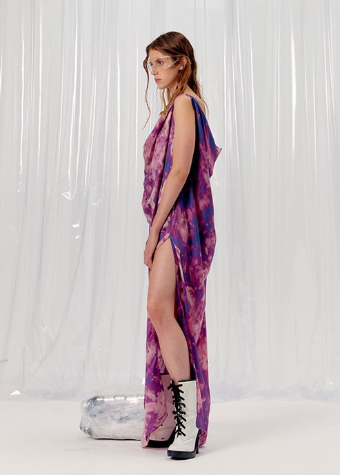 purple pink draped maxi dress with boots