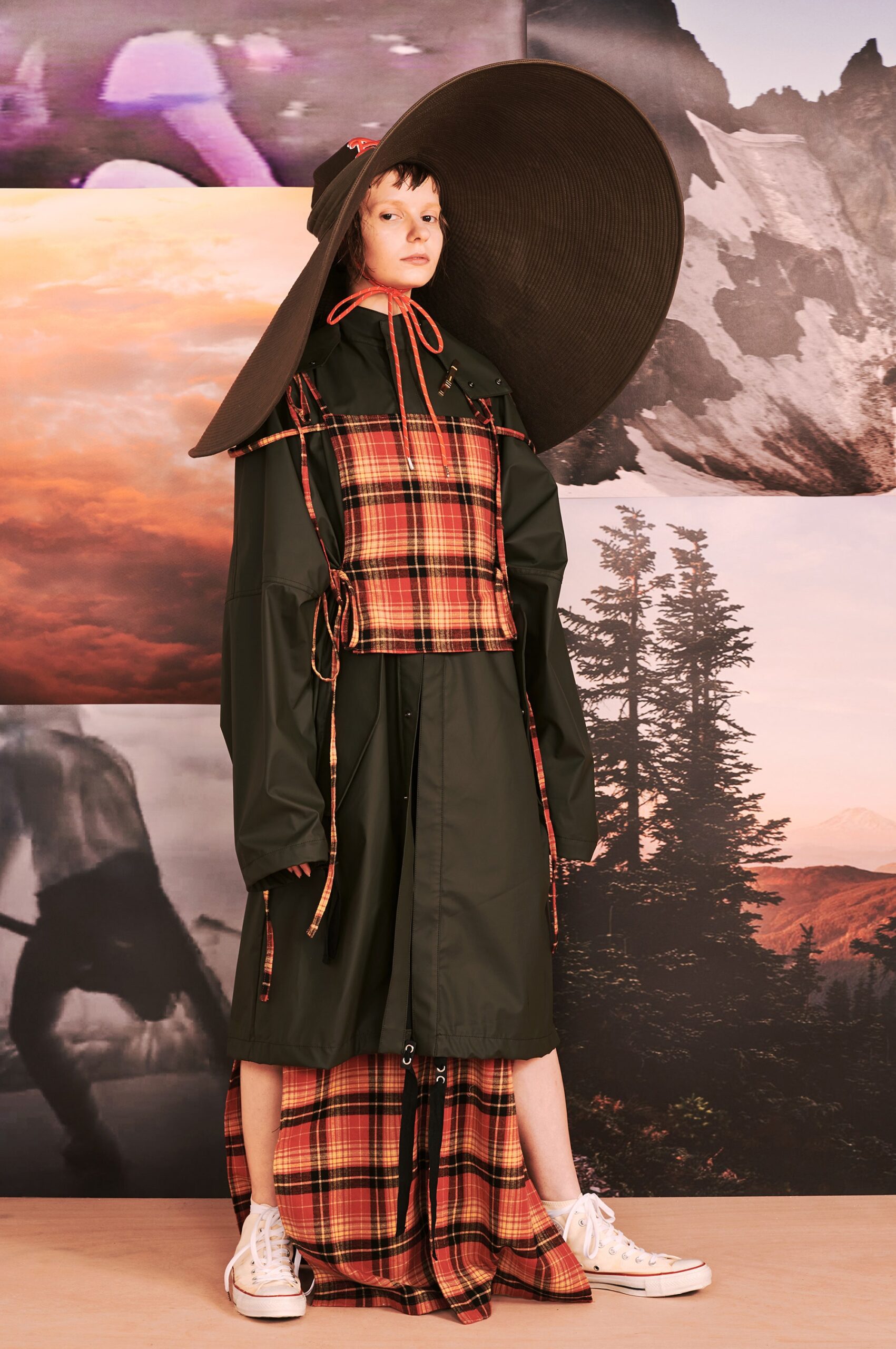 green cotton long-sleeve collared relaxed checked layered dress