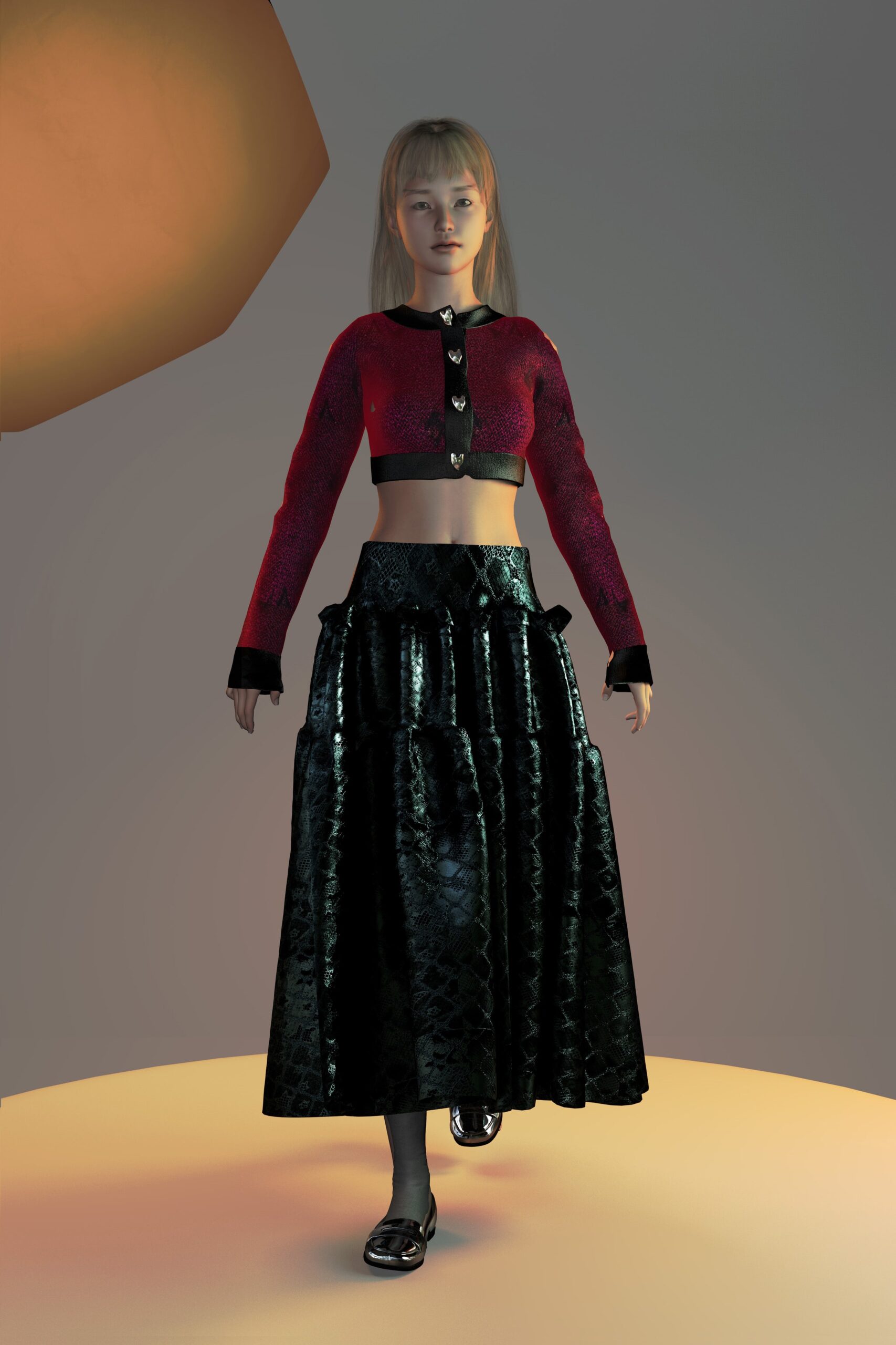 red silk long-sleeve collared fitted buttoned cropped crop-top