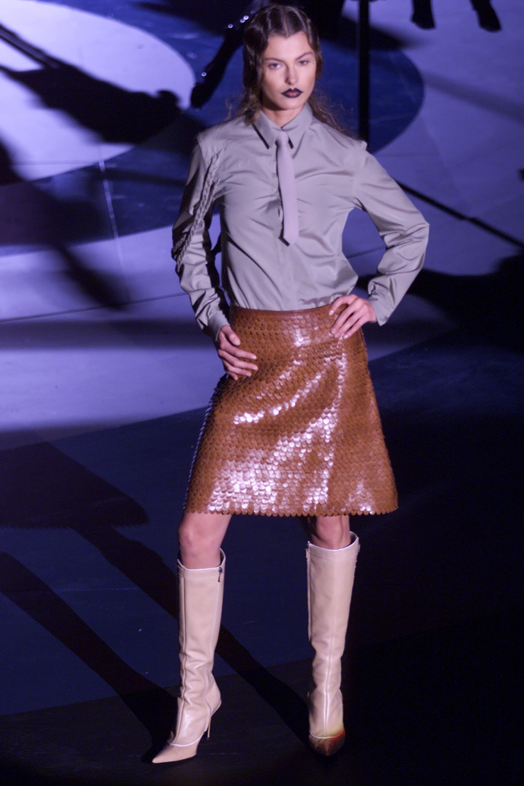brown leather fitted a-line shiny skirt