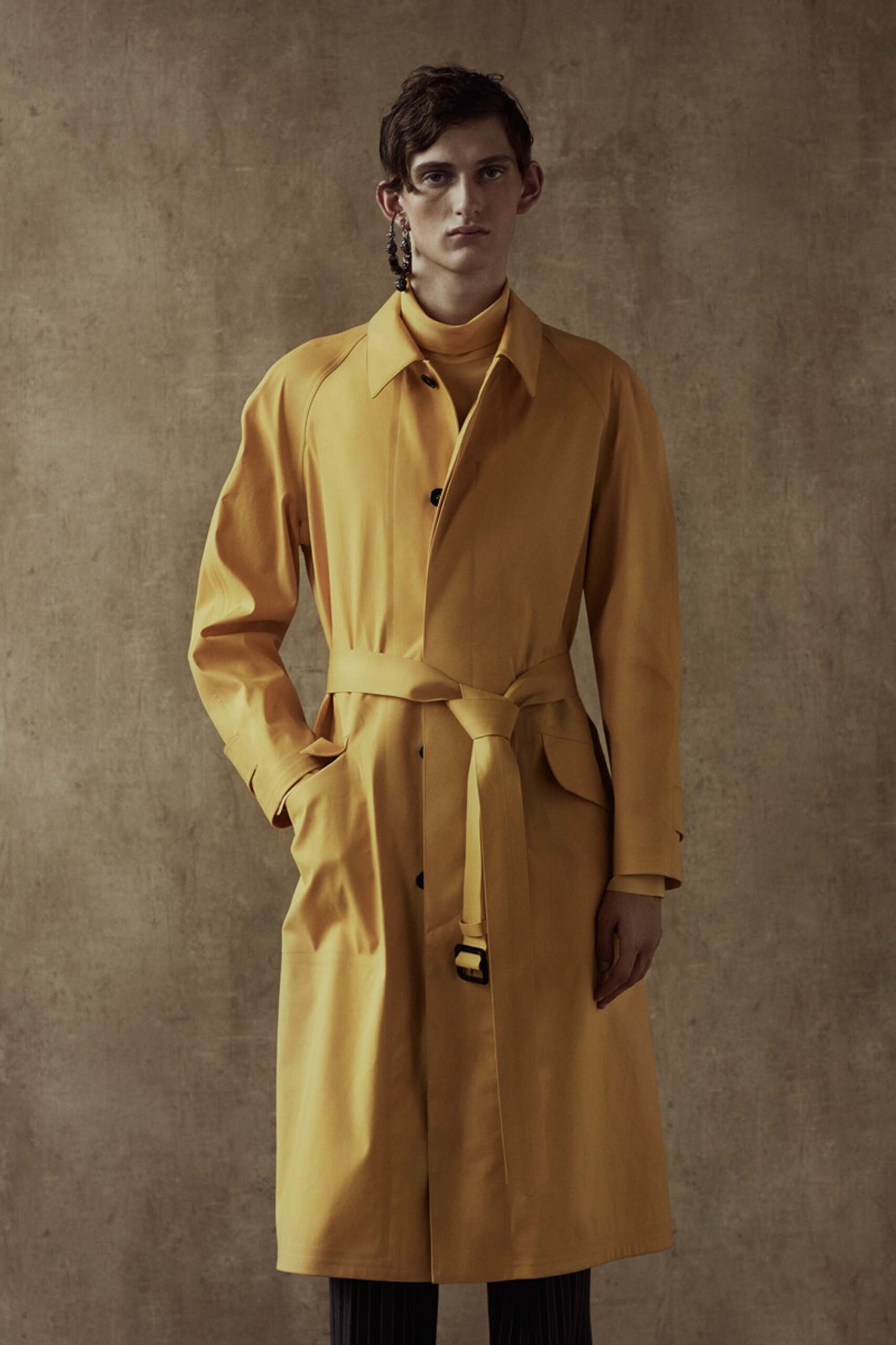 yellow cotton long-sleeve collared fitted belted trench