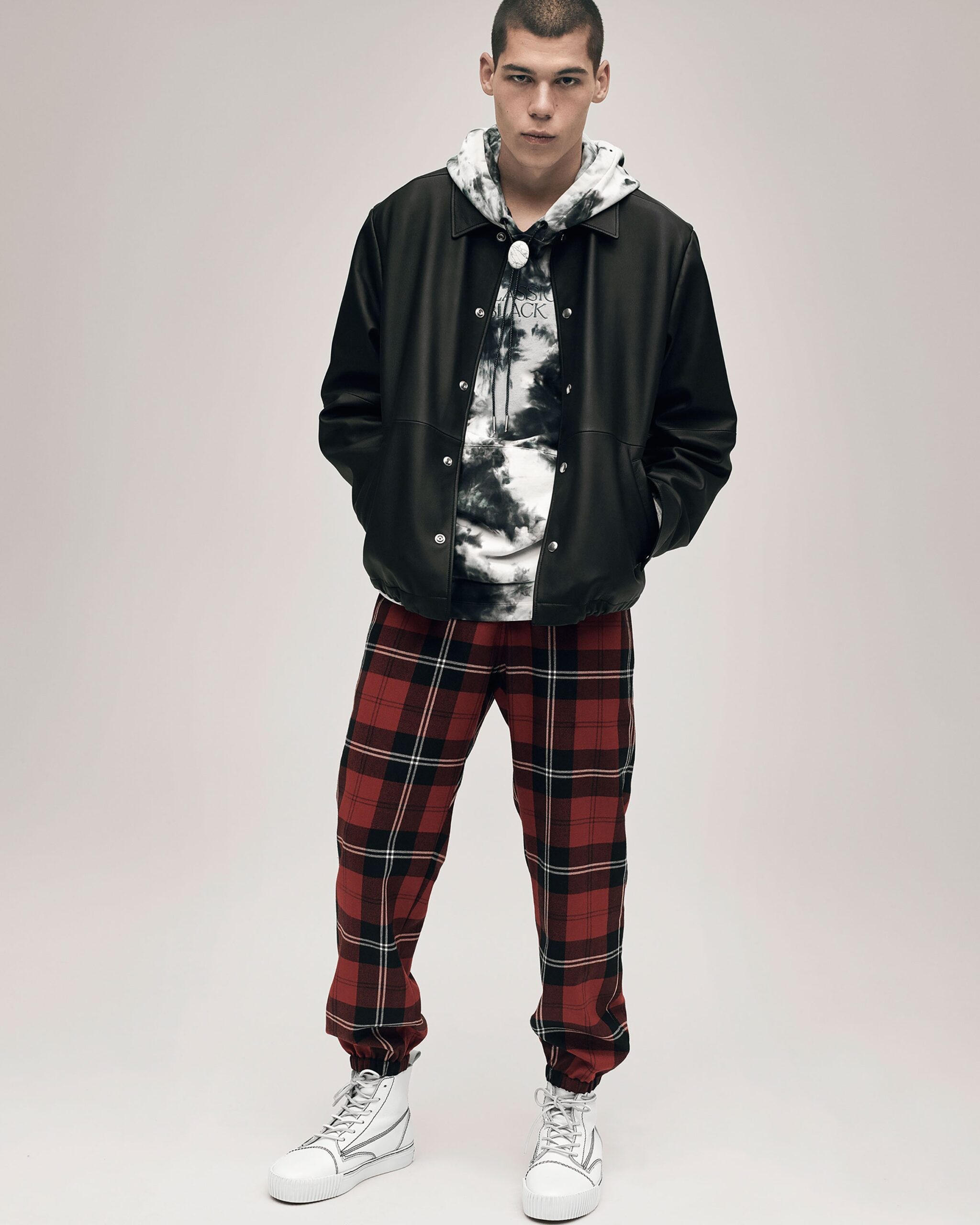 black leather jacket with hoodie