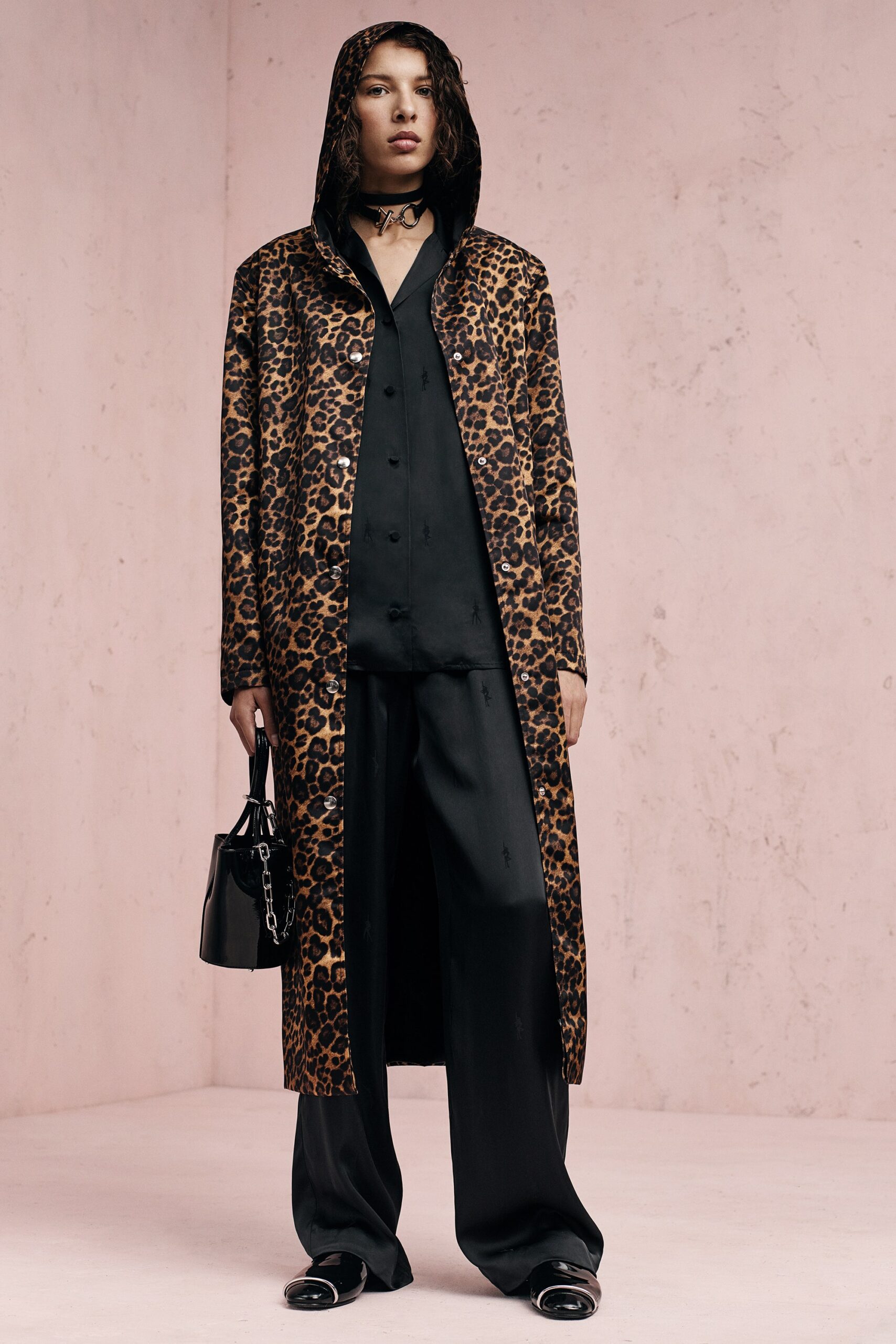 brown vinyl long-sleeve hooded relaxed animal-print maxi coat