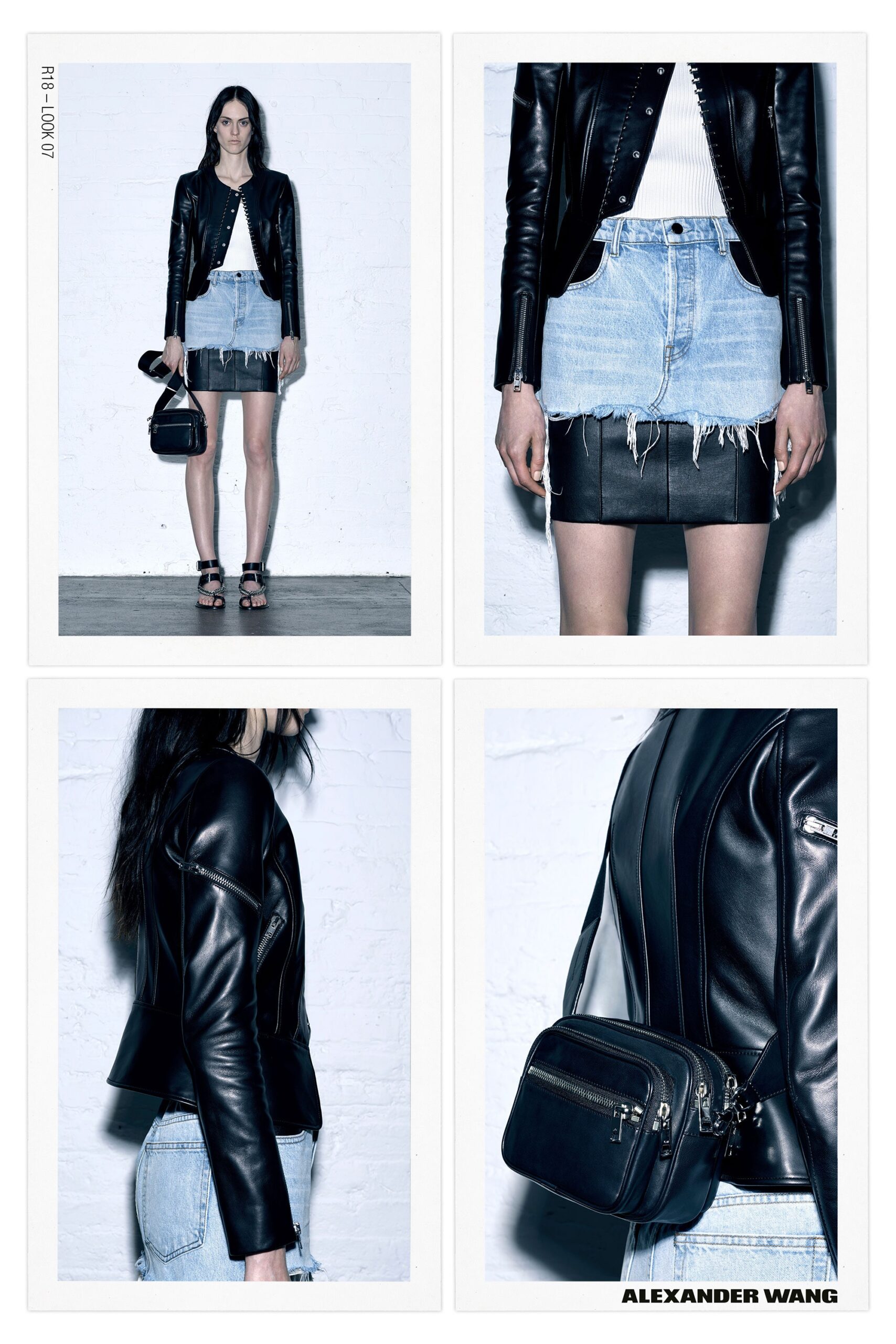 black leather jacket with denim skirt
