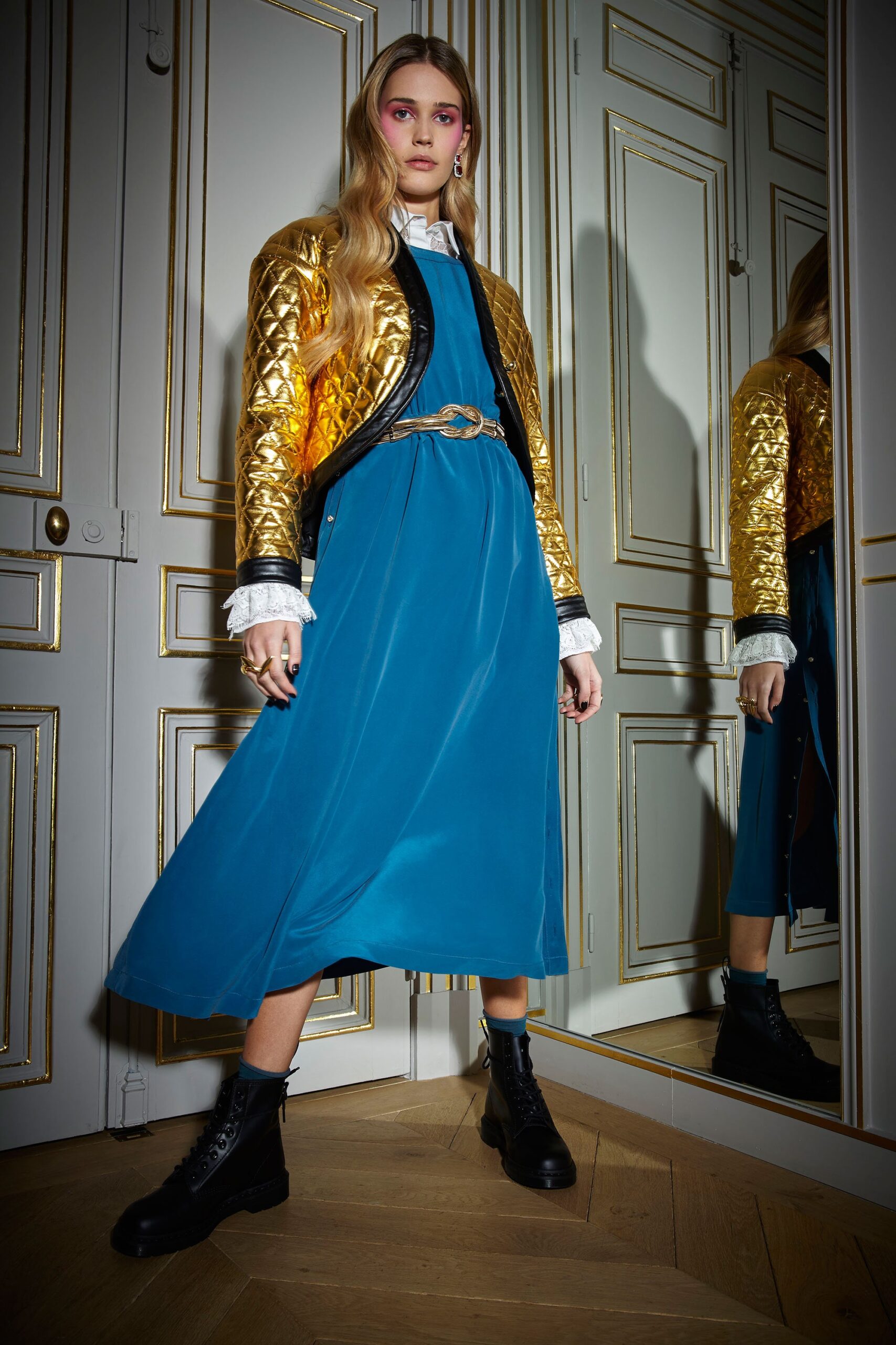 blue silk midi dress with gold jacket