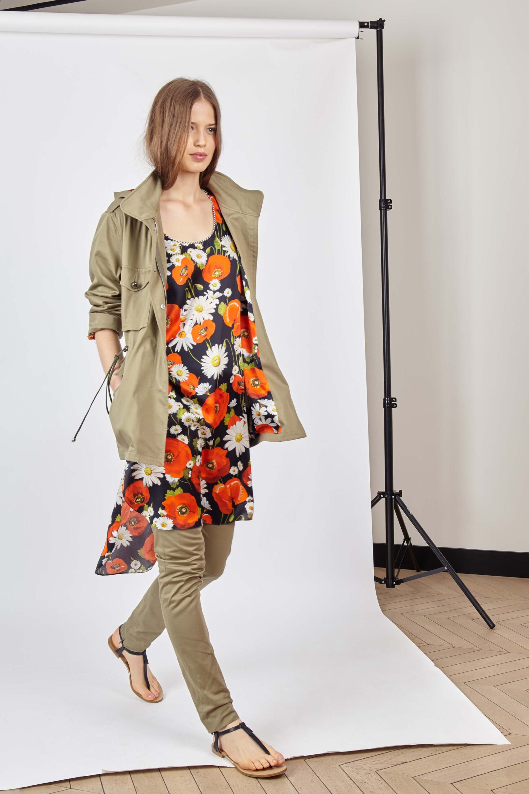 green jacket with floral dress