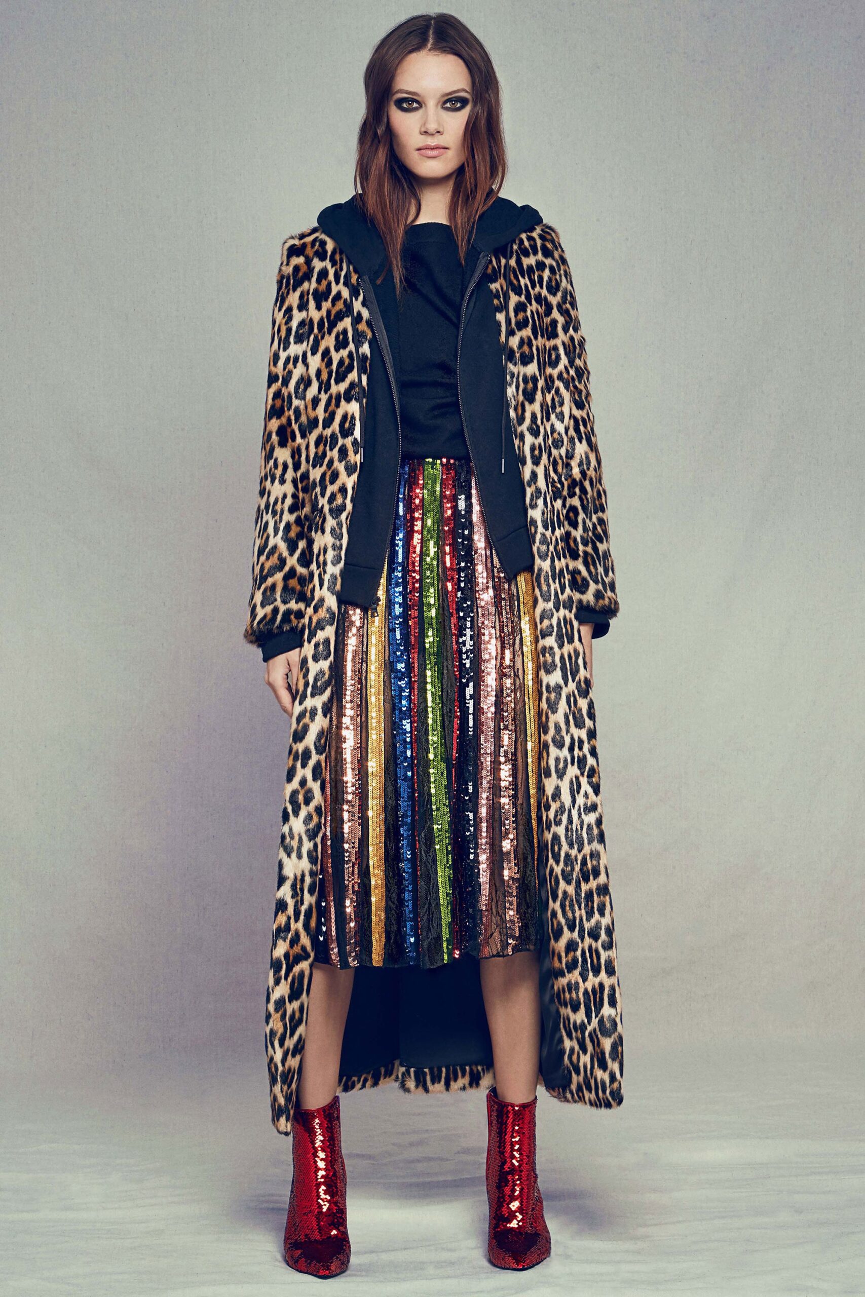 faux-fur coat with sequined skirt