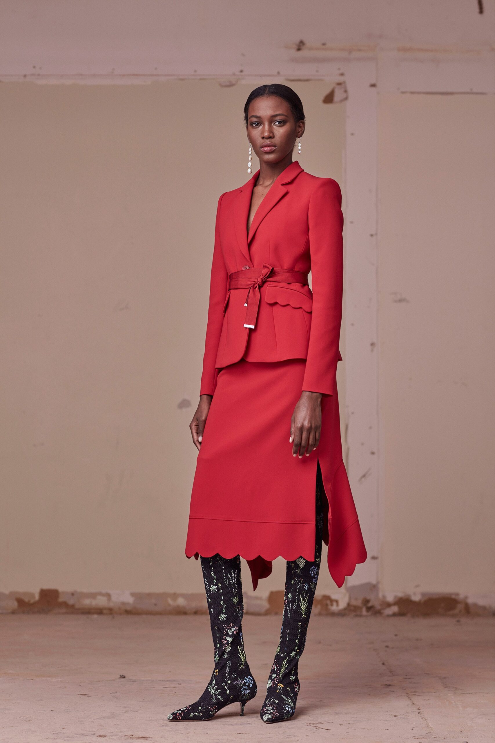 red long-sleeve collared tailored belted buttoned blazer