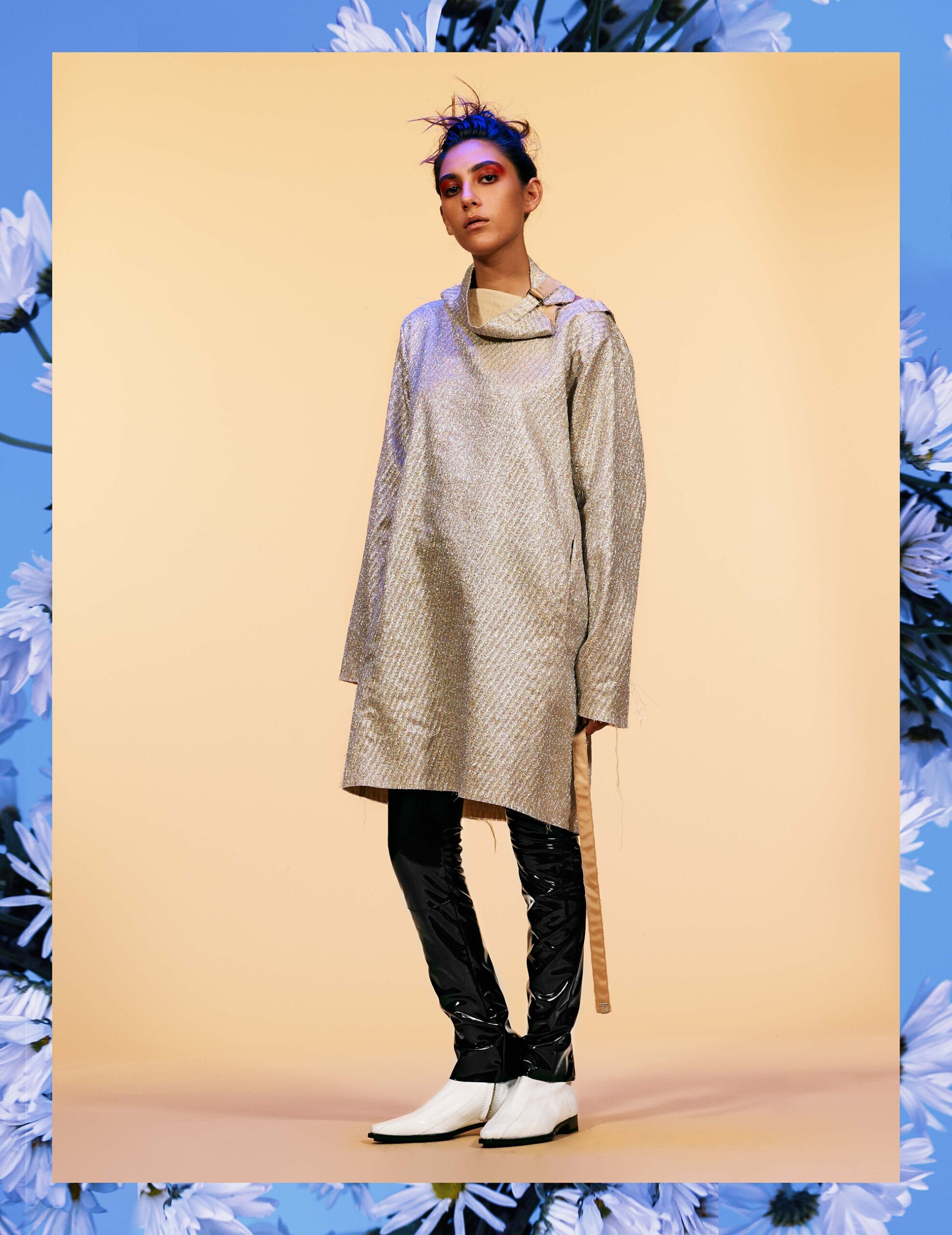 metallic oversized top with vinyl pants